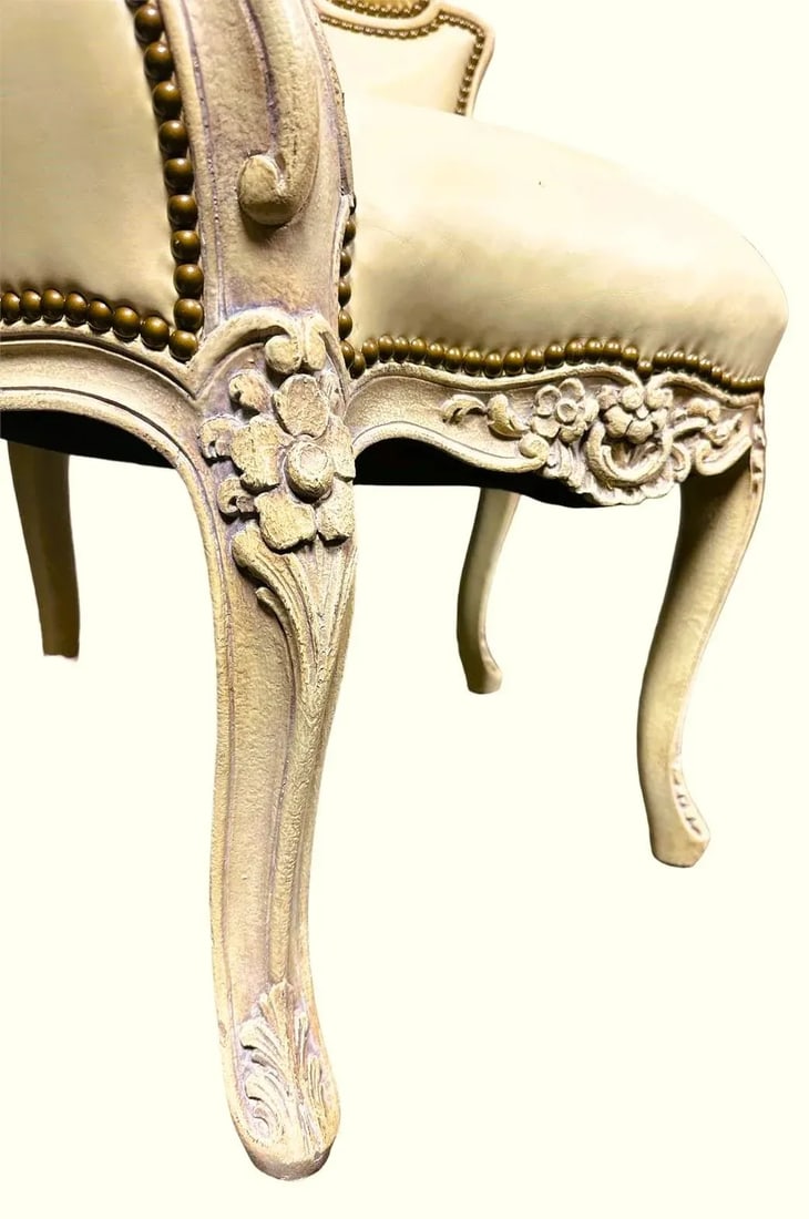 Louis XV French Leather and Painted Carved Wood Corner Chair - Vintage Early 21st Century - 4