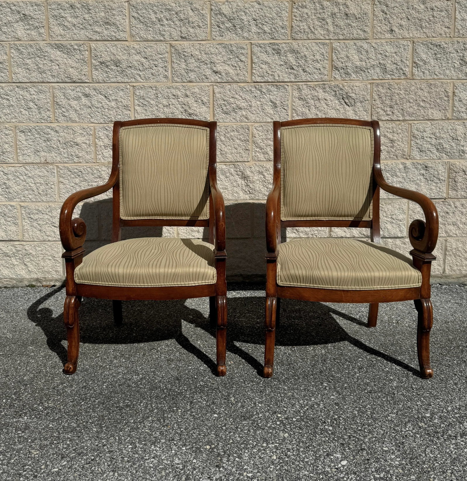 Vintage French Louis Philippe Mahogany Scroll Form Fauteuil Armchairs - Set of 2 - 2