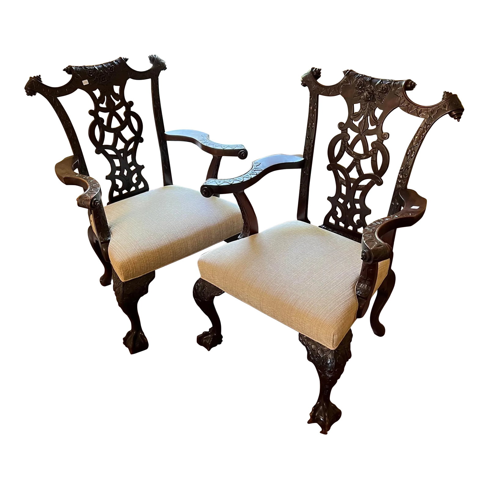 Vintage Karges Style Mahogonay Chippendale Ball and Claw Captains Dining Chairs Set of 2: Mahogoan Karges style chippendale chairs with ball and claw front feet and sweeping cabriole back leg. The tops of the chairs have curled ears and the splat is intricately carved and pierced.I have