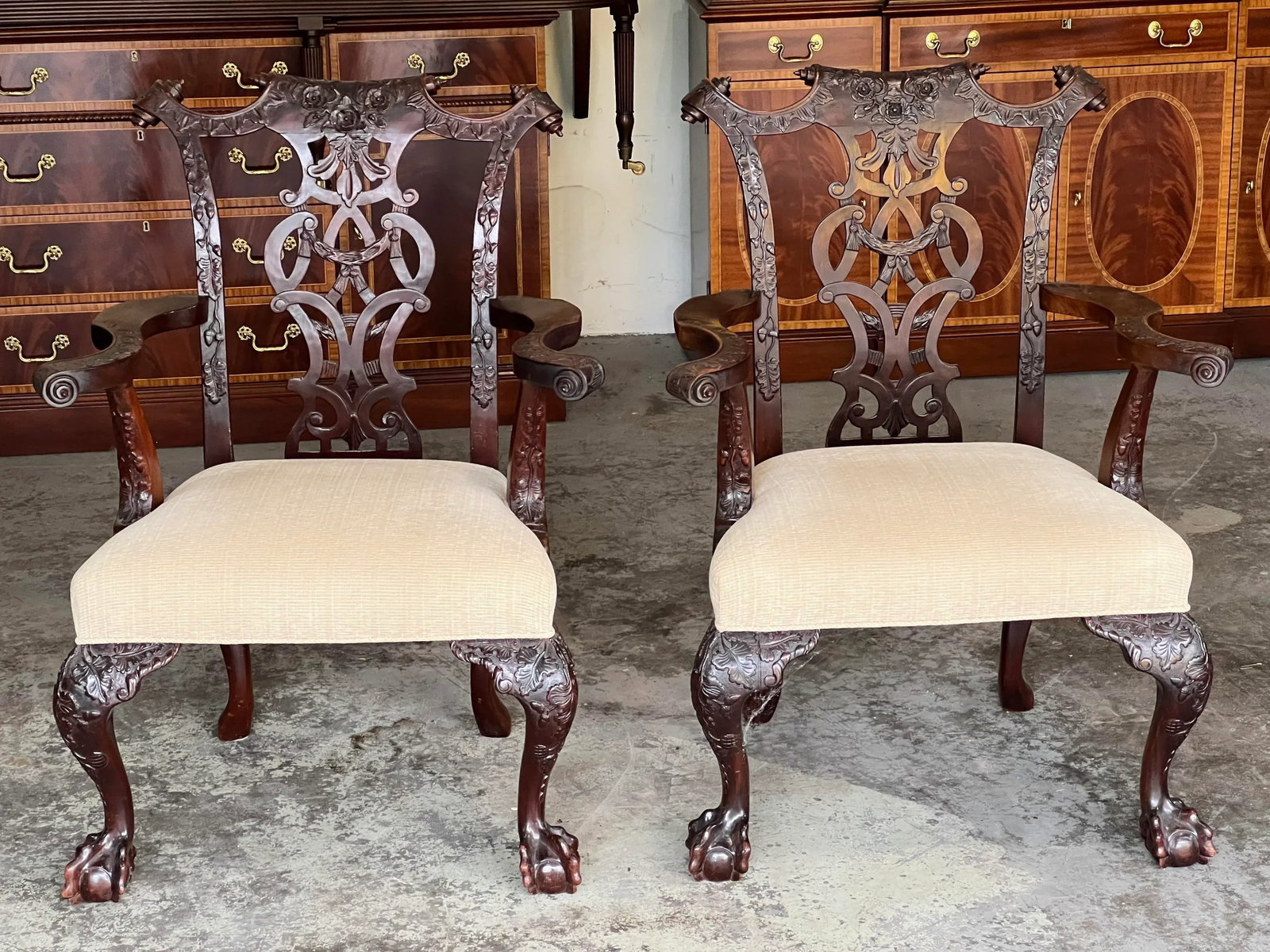 Vintage Karges Style Mahogonay Chippendale Ball and Claw Captains Dining Chairs Set of 2 - 2