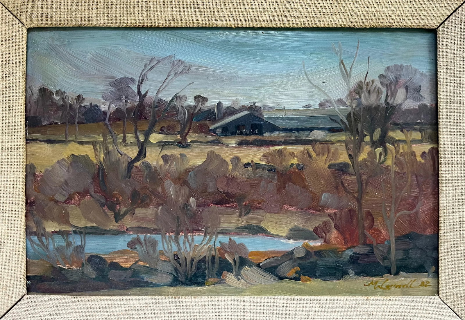 American Modern Impressionist Landscape Oil Painting of a New England Farm Signed McConnell 1982 - 3