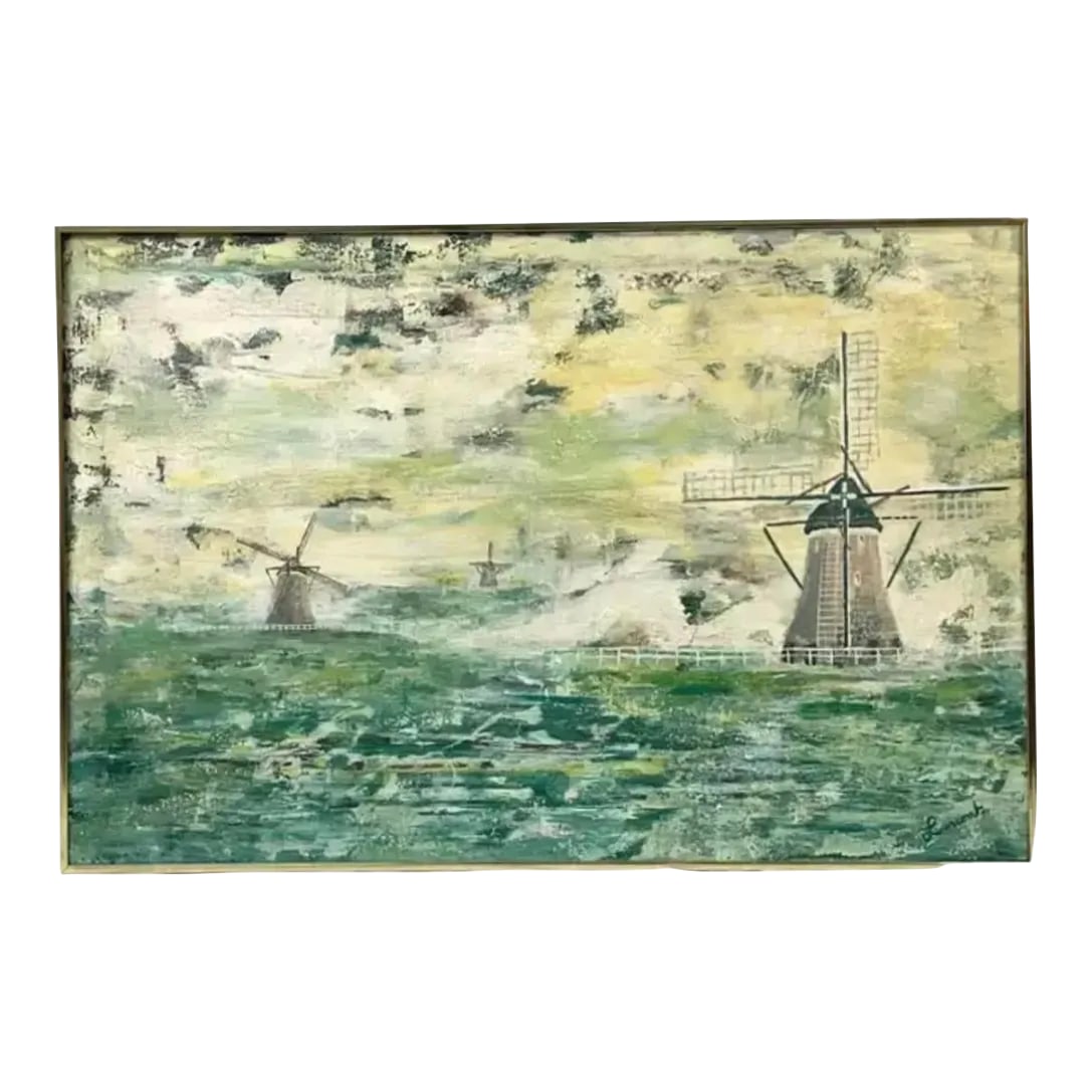 20th Century French Windmill Oil on Canvas Painting: Beautiful mid-century modern landscape painting of windmills. Painting has shades of green and yellow with three tan windmills seen in background. Signature in right lower corner appears to be
