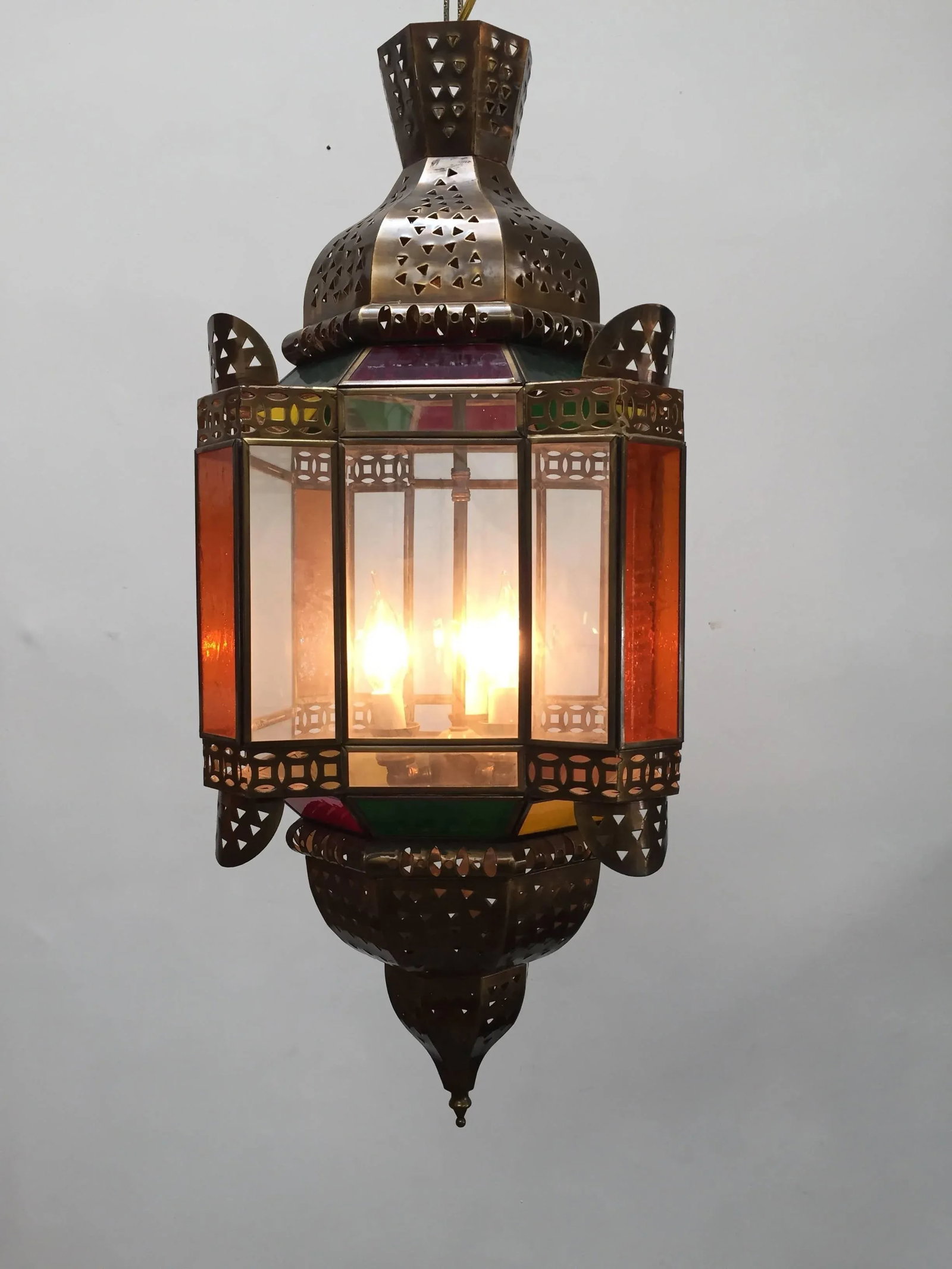 Moroccan Brass Light Fixture With Amber Colored Stained Glass - 10