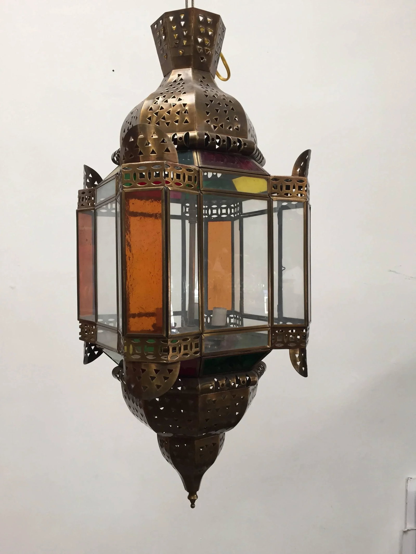 Moroccan Brass Light Fixture With Amber Colored Stained Glass - 2