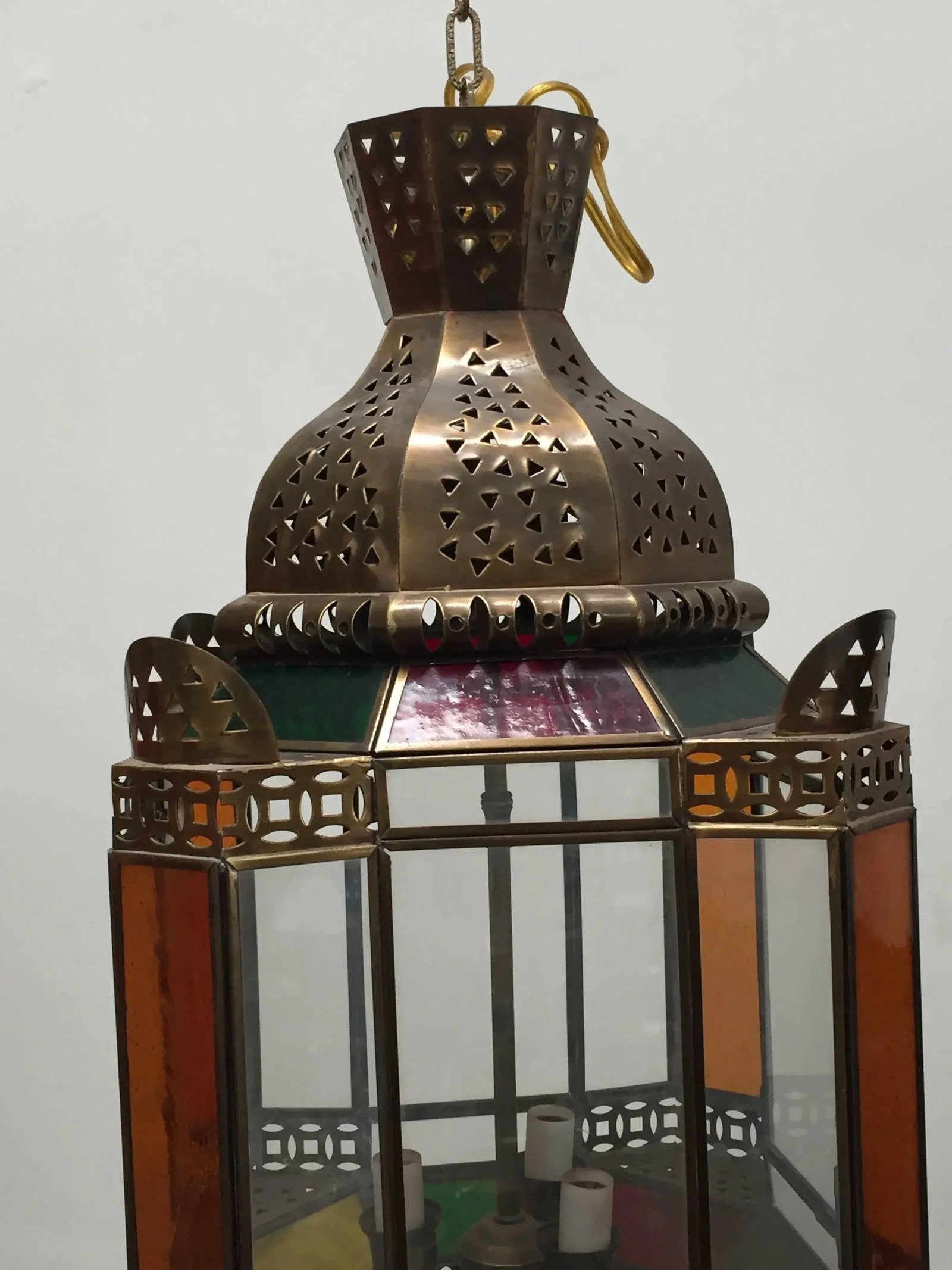 Moroccan Brass Light Fixture With Amber Colored Stained Glass - 3