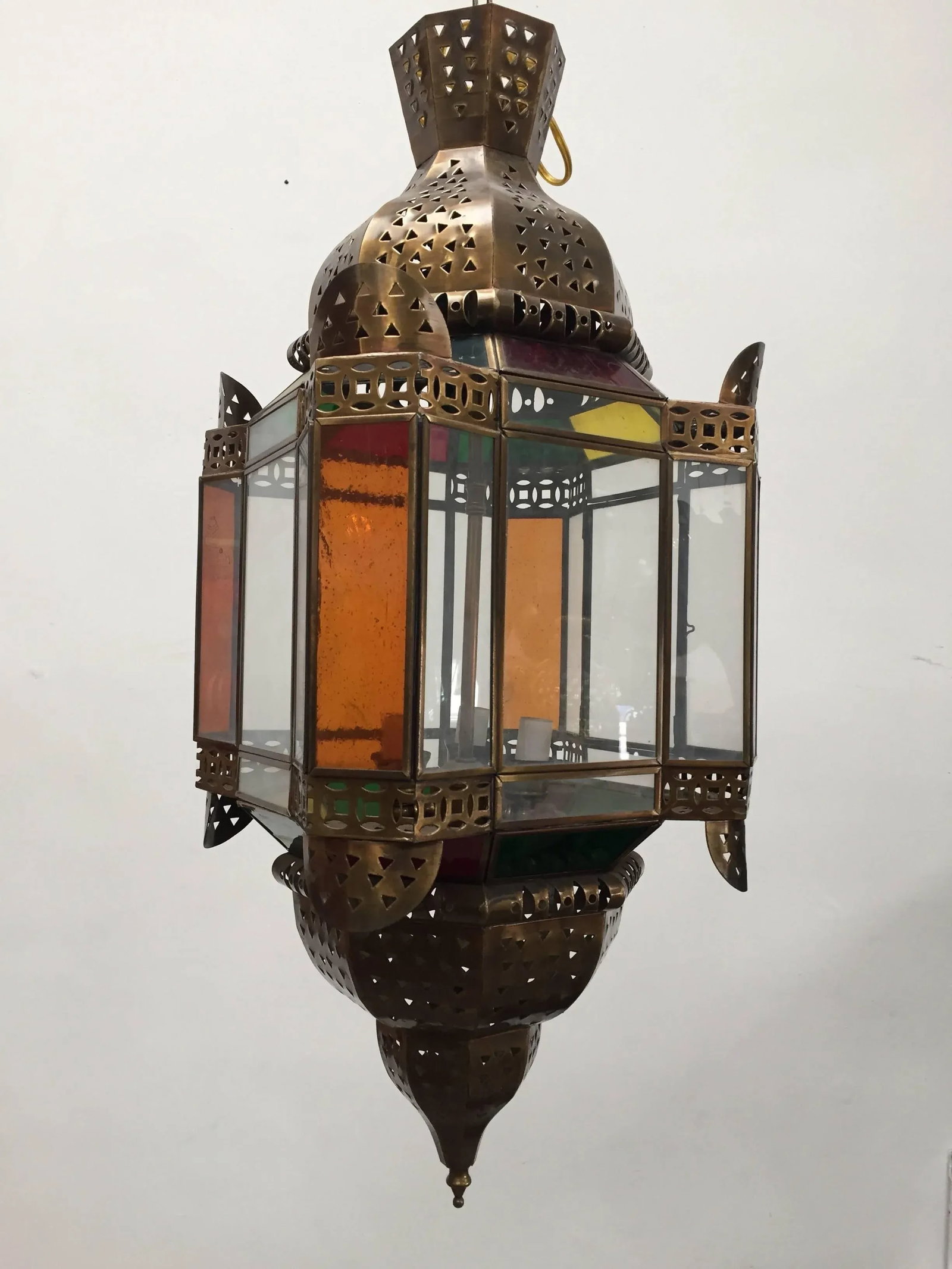 Moroccan Brass Light Fixture With Amber Colored Stained Glass - 4
