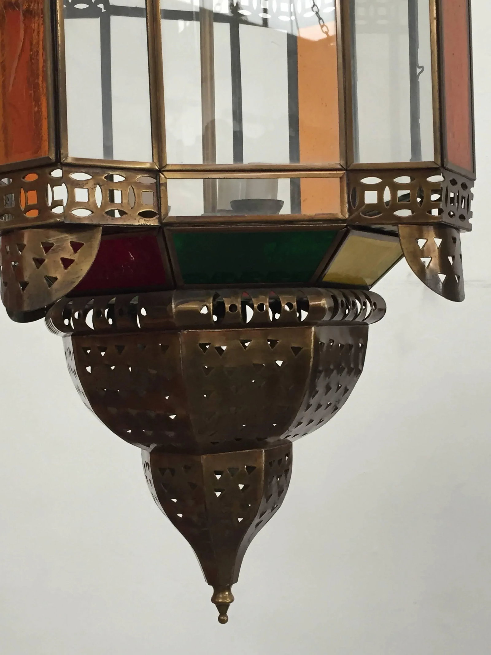 Moroccan Brass Light Fixture With Amber Colored Stained Glass - 5