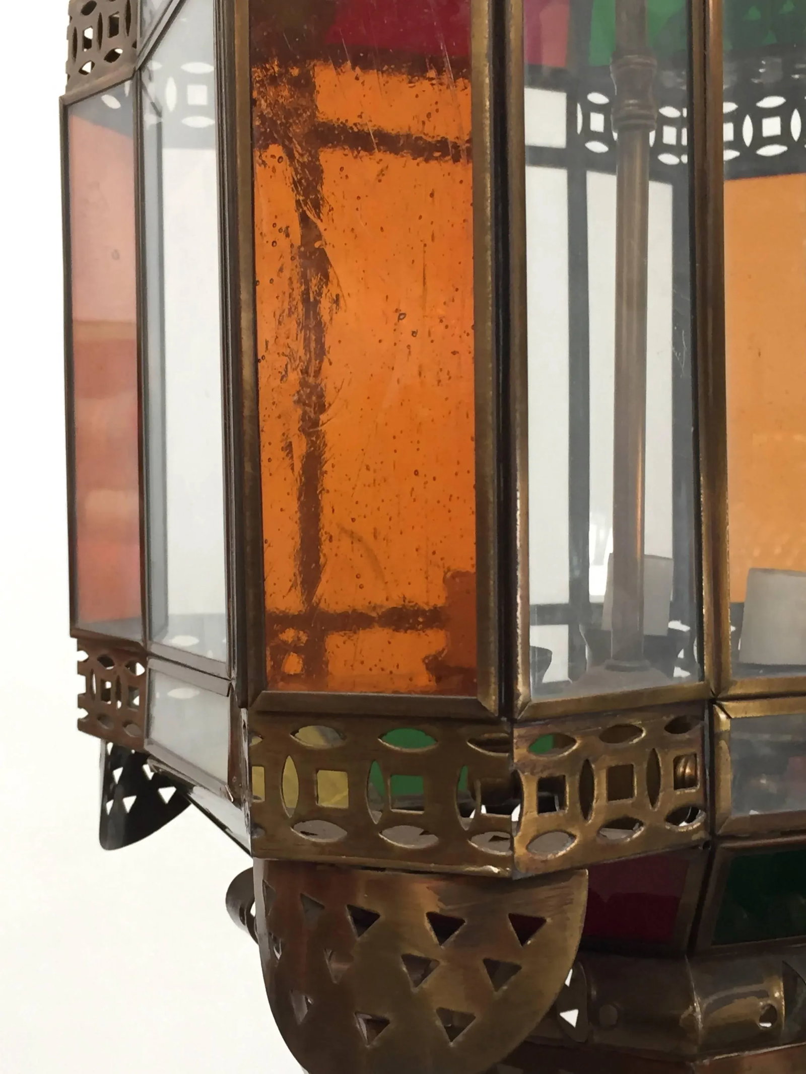 Moroccan Brass Light Fixture With Amber Colored Stained Glass - 6