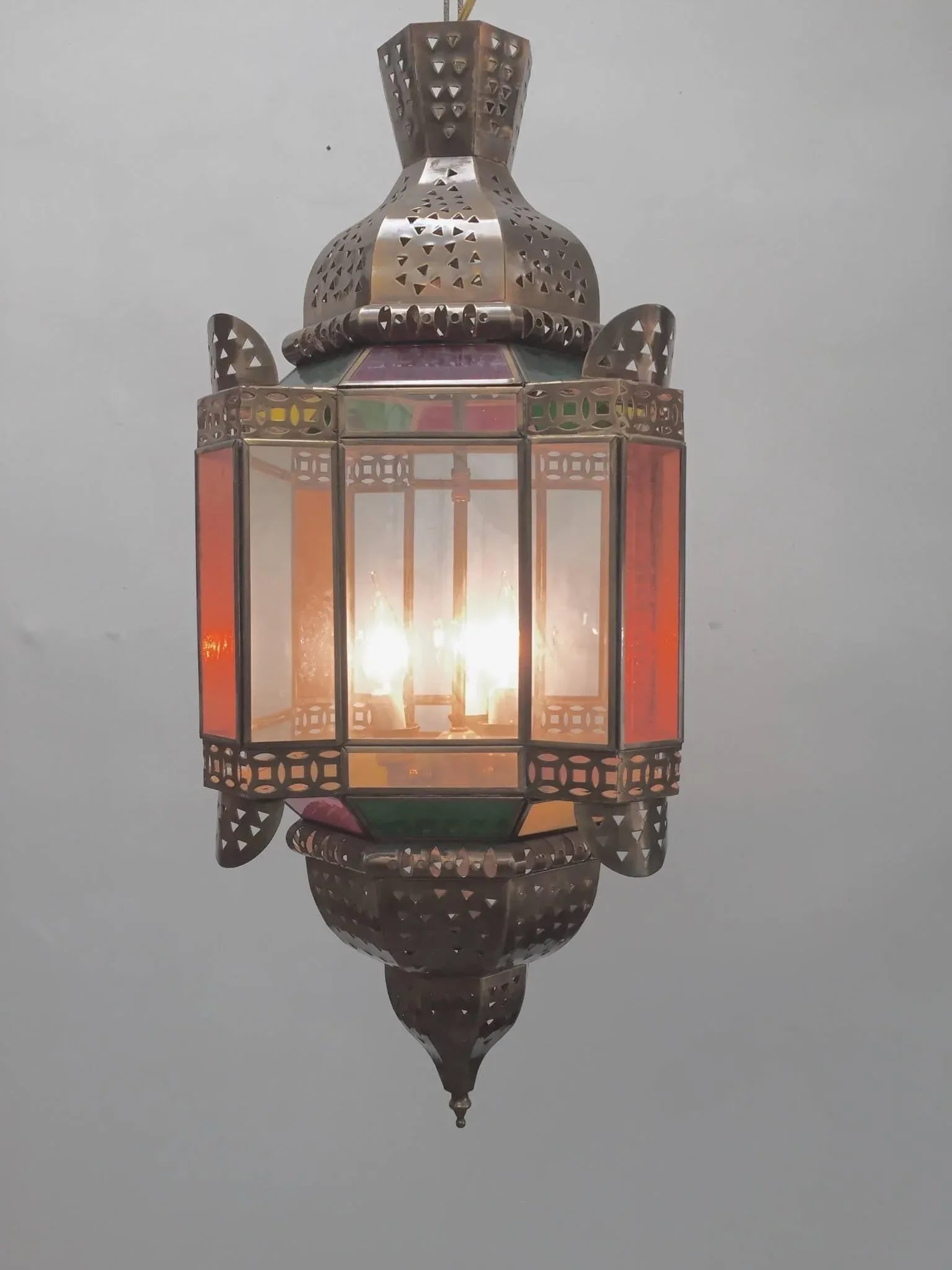 Moroccan Brass Light Fixture With Amber Colored Stained Glass - 7