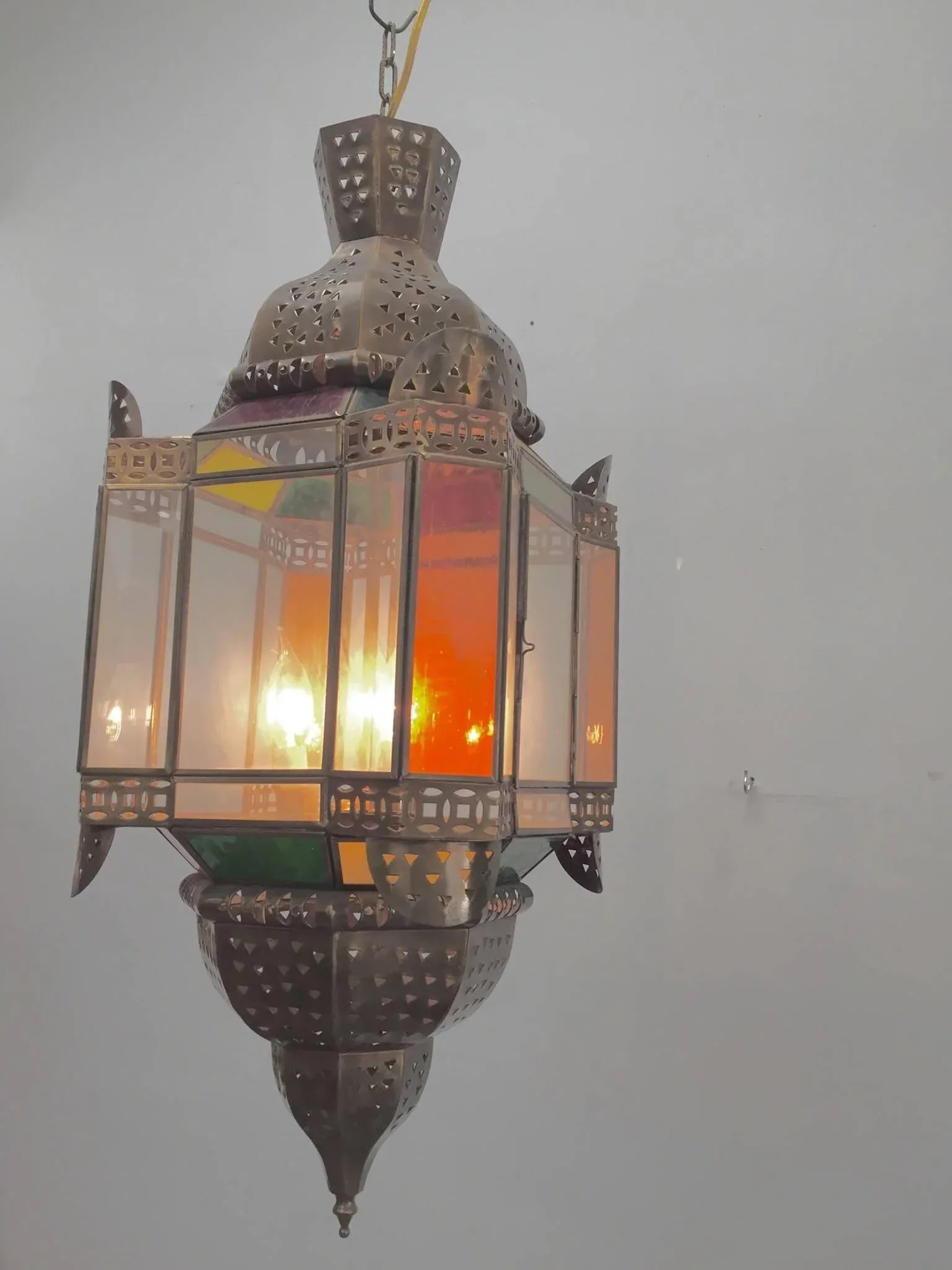 Moroccan Brass Light Fixture With Amber Colored Stained Glass - 8
