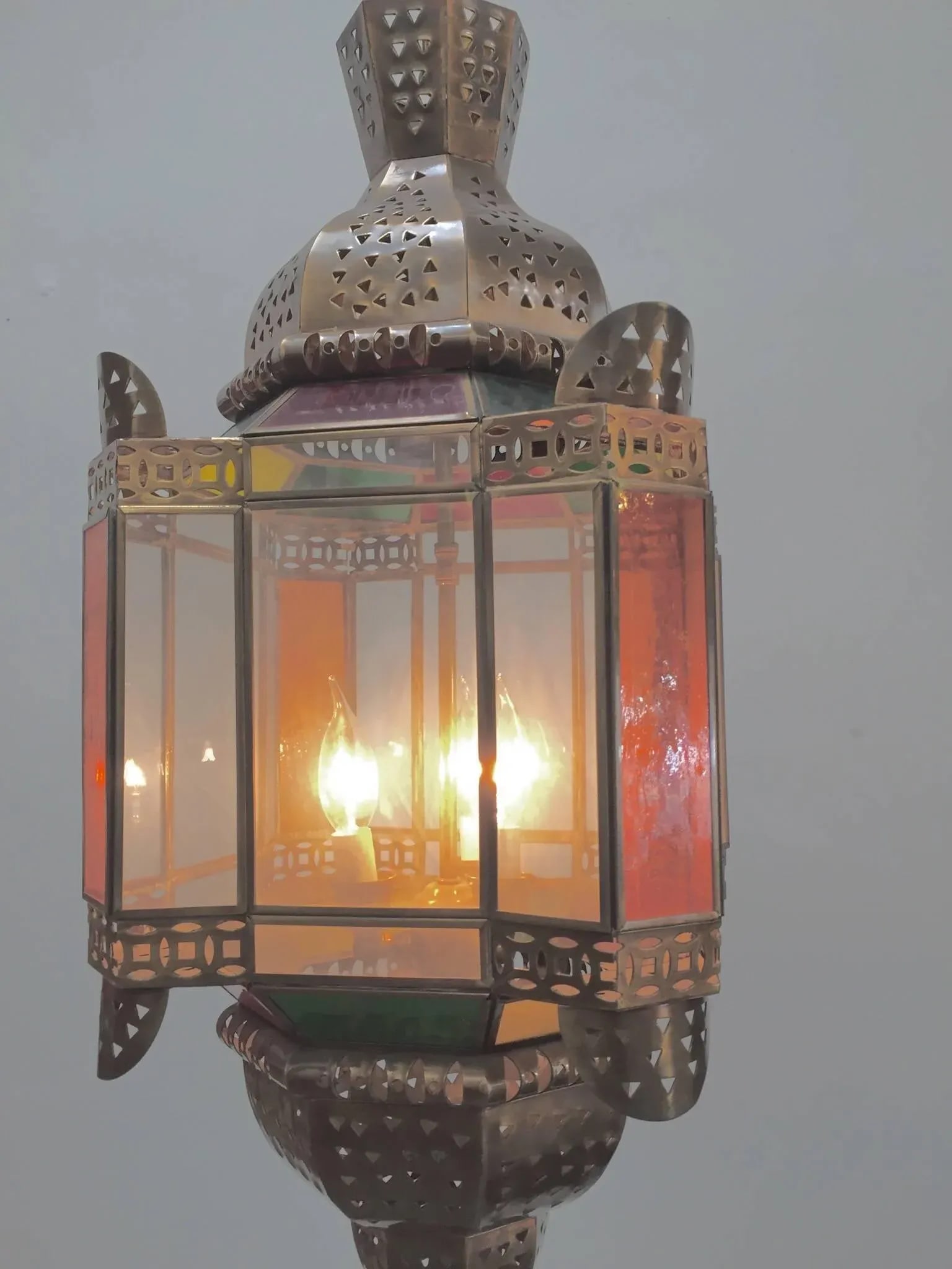 Moroccan Brass Light Fixture With Amber Colored Stained Glass - 9