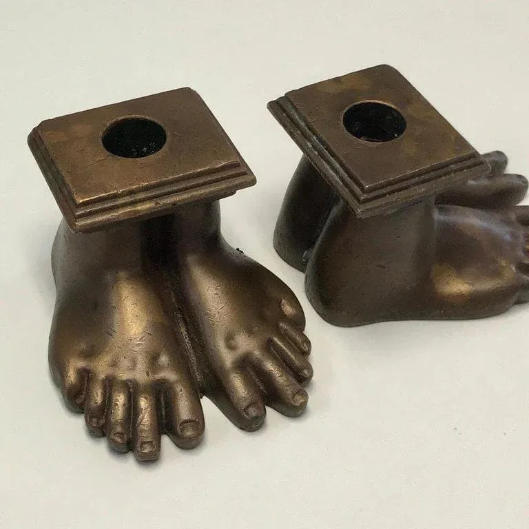 19th Century Grand Tour Roman Feet Bronze Candlesticks - a Pair - 10