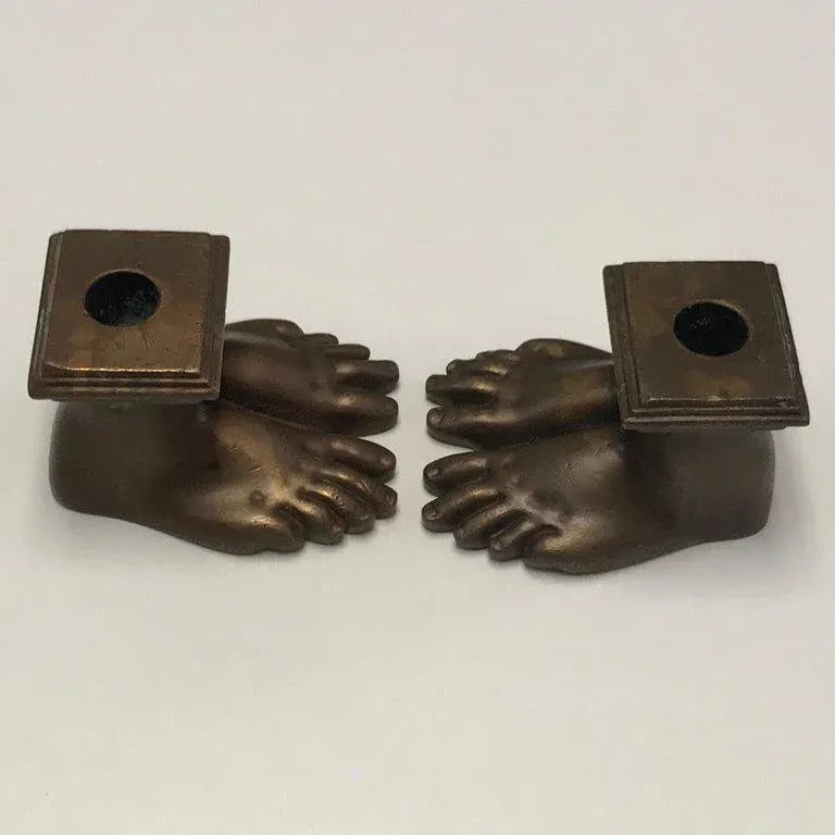 19th Century Grand Tour Roman Feet Bronze Candlesticks - a Pair - 11