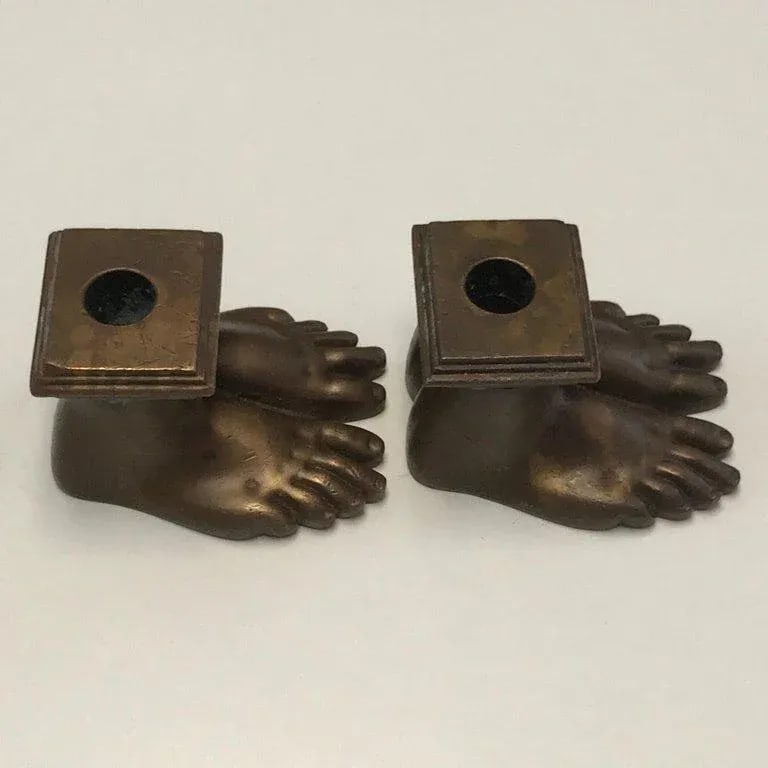 19th Century Grand Tour Roman Feet Bronze Candlesticks - a Pair - 3