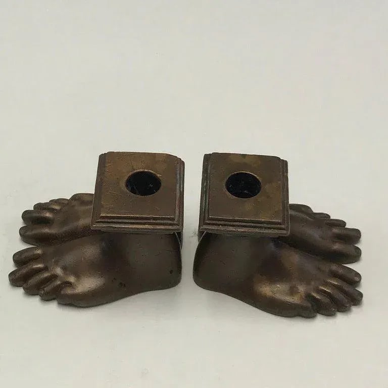 19th Century Grand Tour Roman Feet Bronze Candlesticks - a Pair - 5