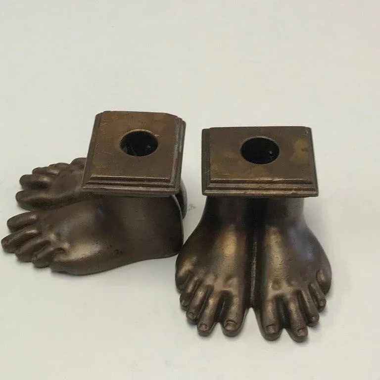 19th Century Grand Tour Roman Feet Bronze Candlesticks - a Pair - 6