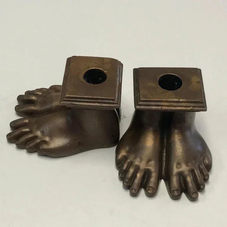 19th Century Grand Tour Roman Feet Bronze Candlesticks - a Pair - 9