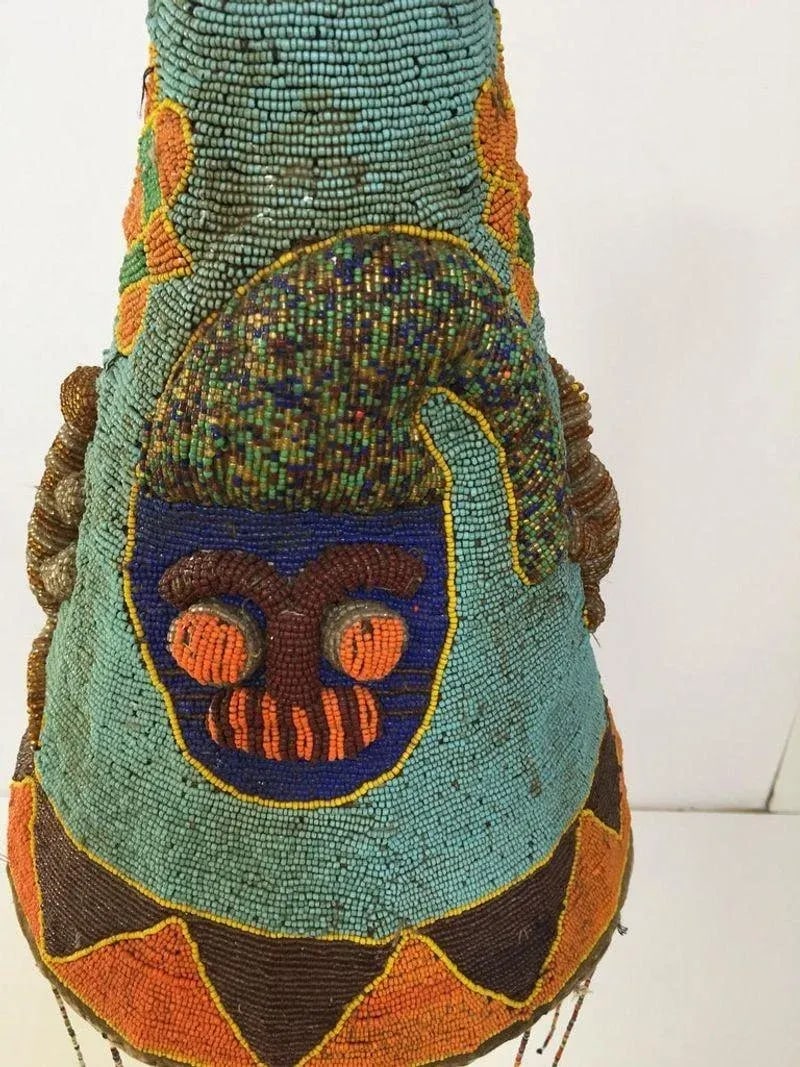 Yoruba Nigeria African Royal Beaded Headdress Crown on Lucite Stand - 12
