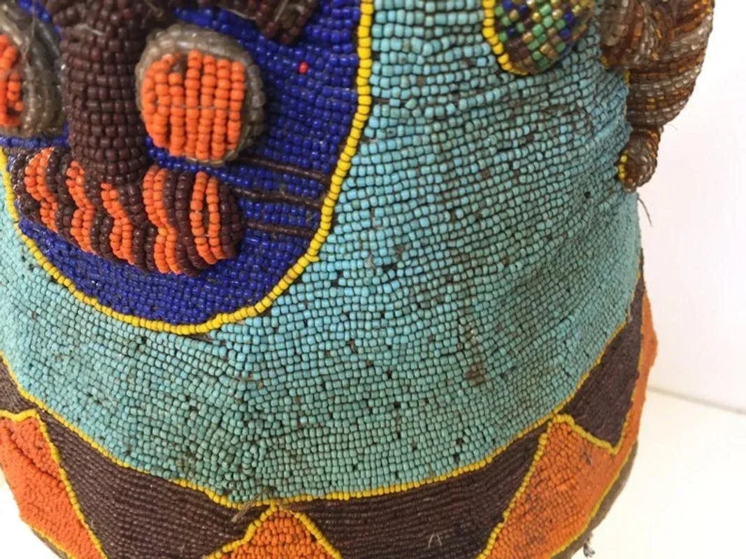 Yoruba Nigeria African Royal Beaded Headdress Crown on Lucite Stand - 5