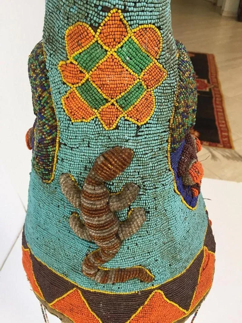 Yoruba Nigeria African Royal Beaded Headdress Crown on Lucite Stand - 8