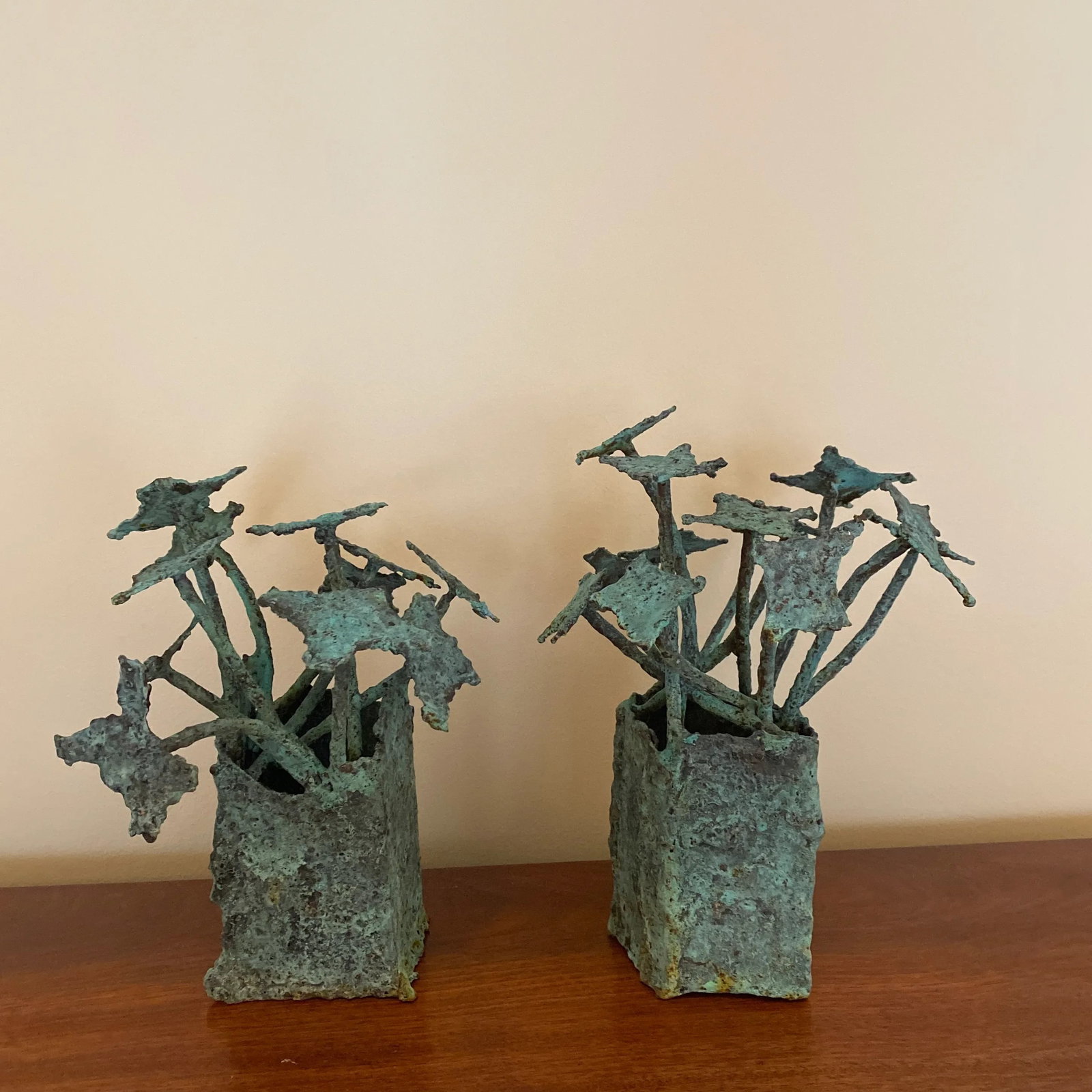 Pair of Early 21st Century Bronze Artist Made Brutalist Style Flower Sculpture - 2