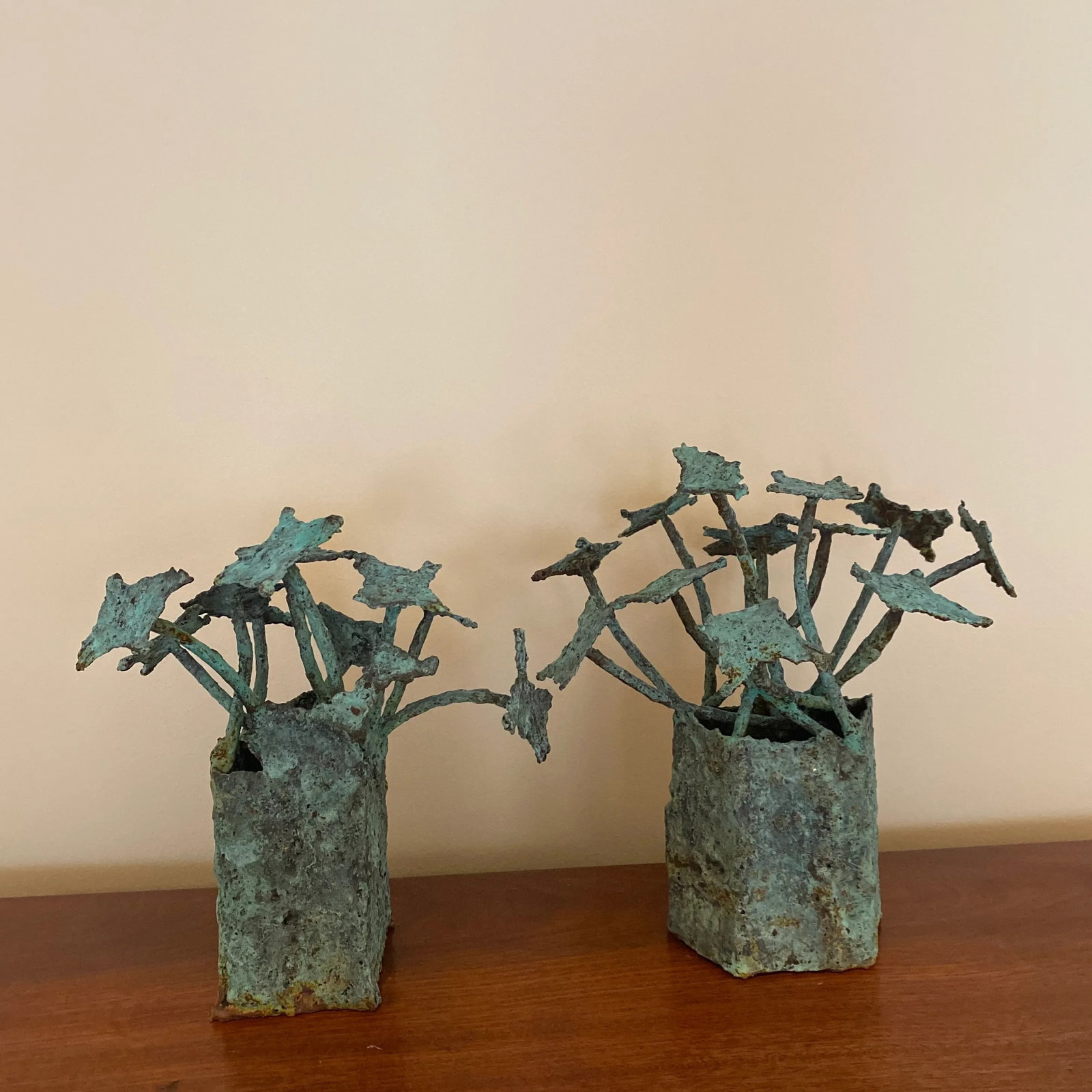 Pair of Early 21st Century Bronze Artist Made Brutalist Style Flower Sculpture - 3