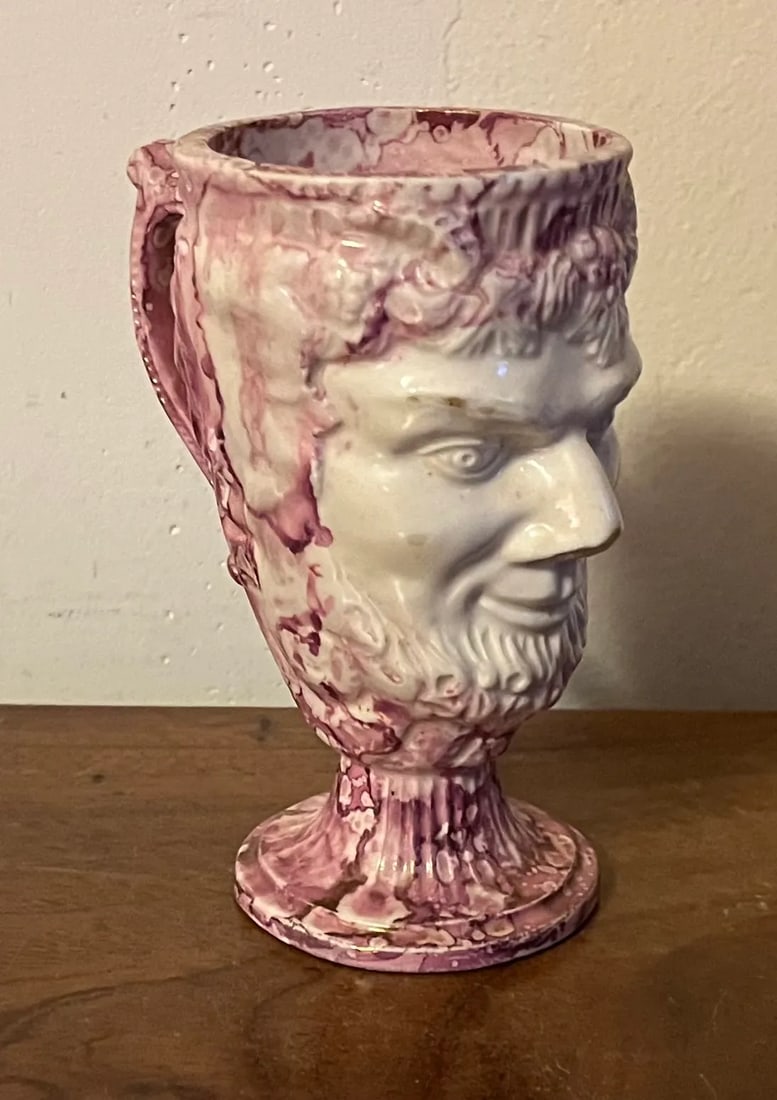 Antique 19th Century English Staffordshire Pink Luster Satyr Head Mug With Frog Inside - 10