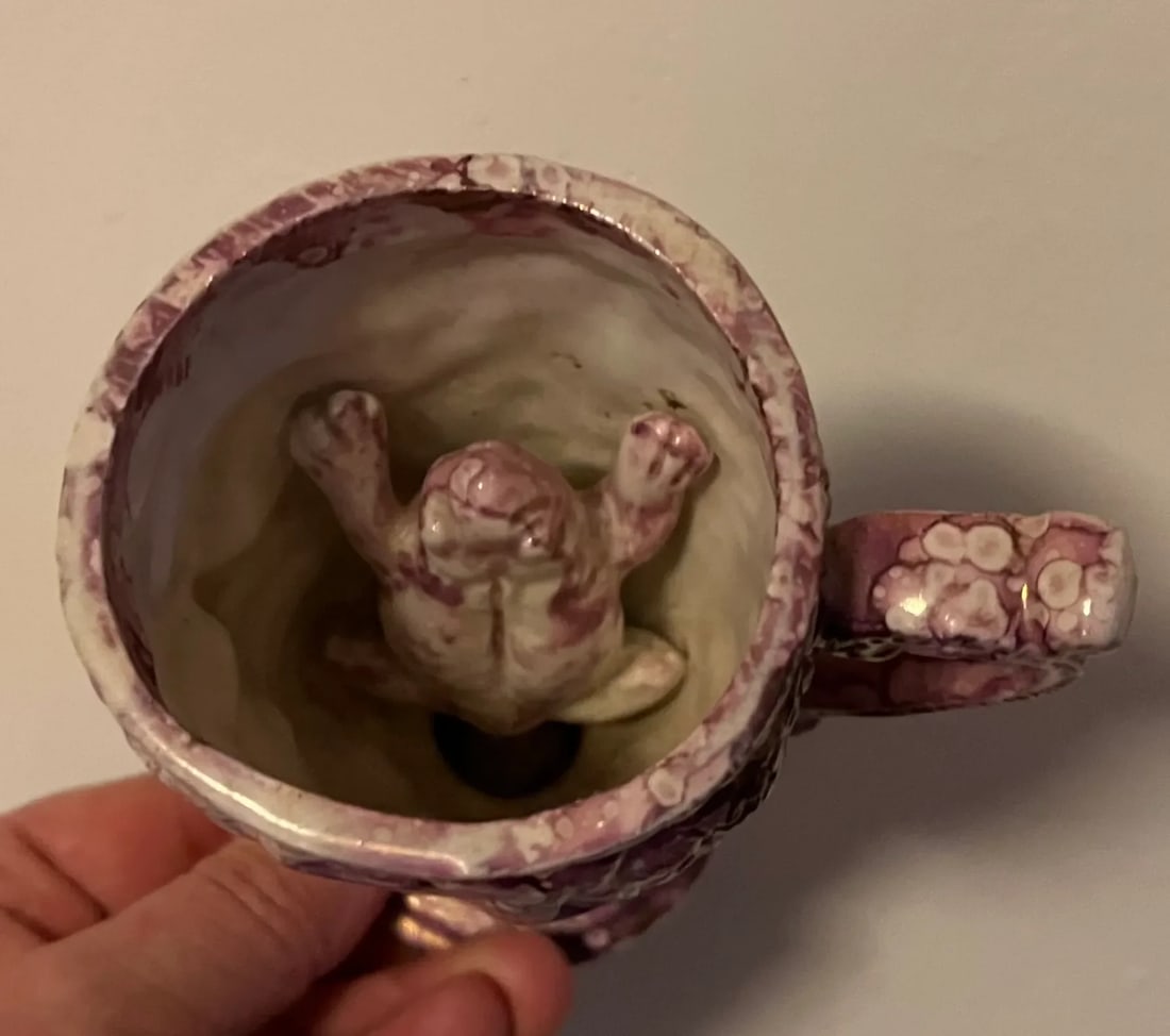 Antique 19th Century English Staffordshire Pink Luster Satyr Head Mug With Frog Inside - 11