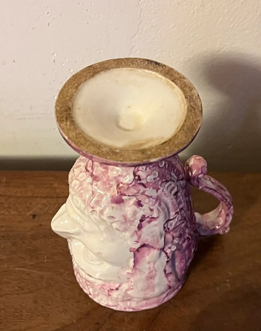 Antique 19th Century English Staffordshire Pink Luster Satyr Head Mug With Frog Inside - 12