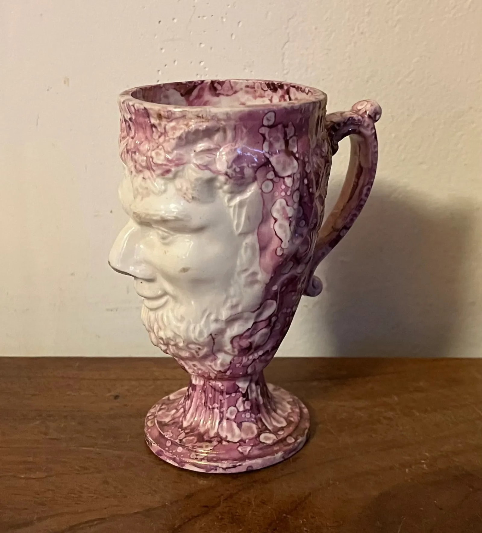 Antique 19th Century English Staffordshire Pink Luster Satyr Head Mug With Frog Inside - 2