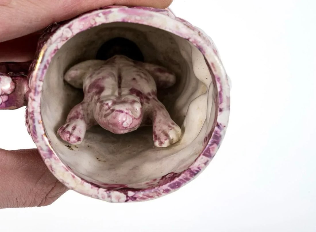 Antique 19th Century English Staffordshire Pink Luster Satyr Head Mug With Frog Inside - 3