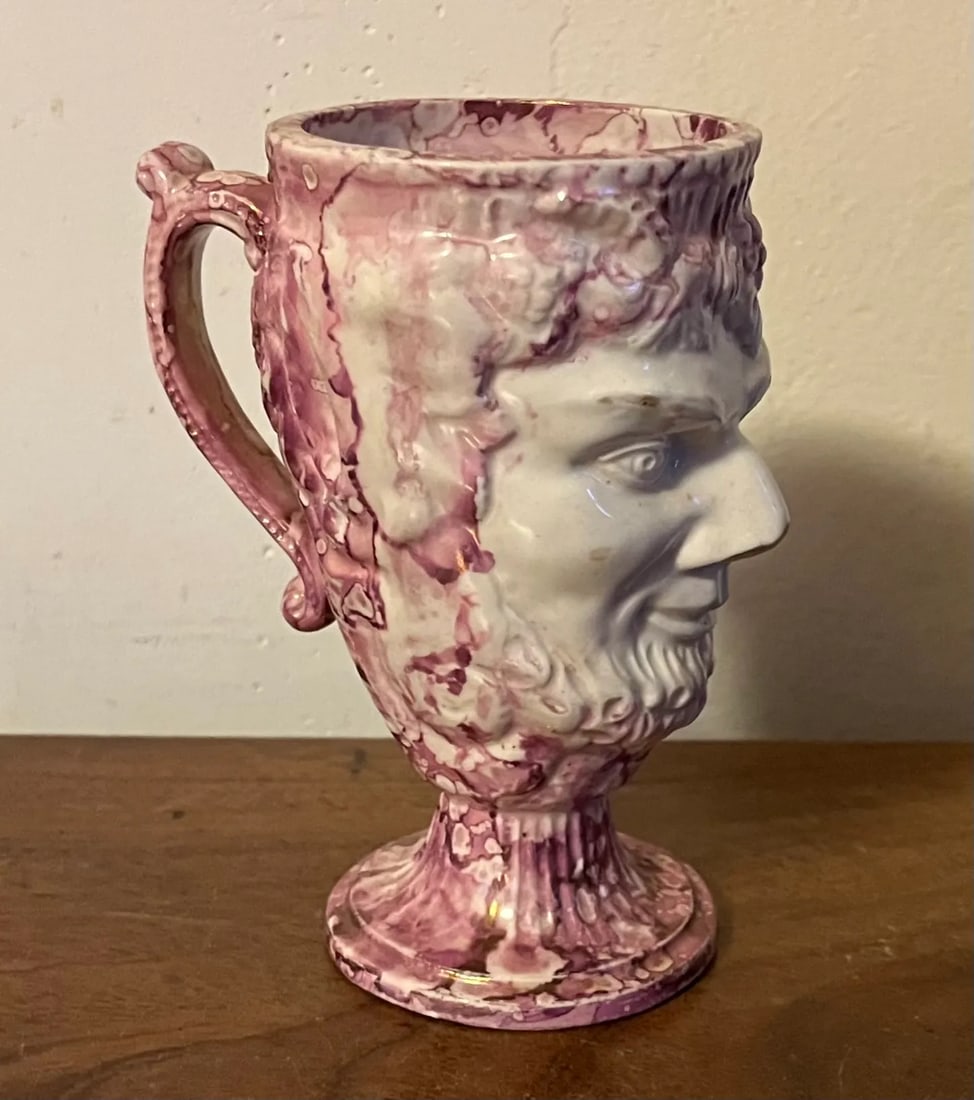Antique 19th Century English Staffordshire Pink Luster Satyr Head Mug With Frog Inside - 4