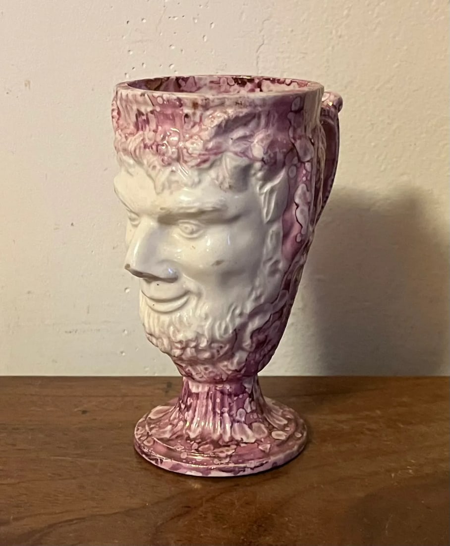 Antique 19th Century English Staffordshire Pink Luster Satyr Head Mug With Frog Inside - 7