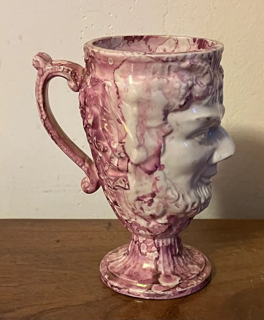 Antique 19th Century English Staffordshire Pink Luster Satyr Head Mug With Frog Inside - 9