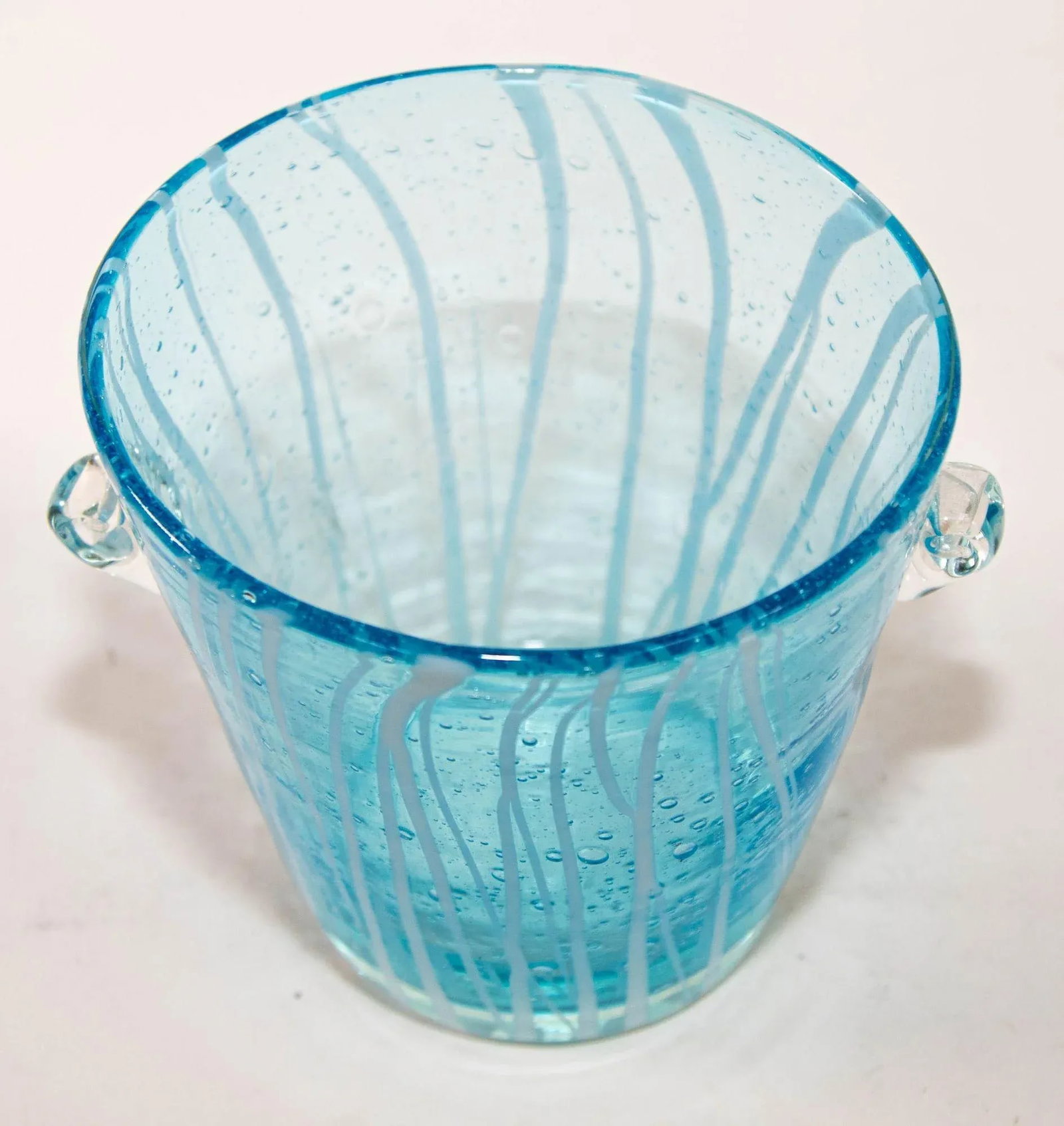 1970s Vintage Italian Murano Venini Venetian Art Glass Ice Bucket Blue and White - 4