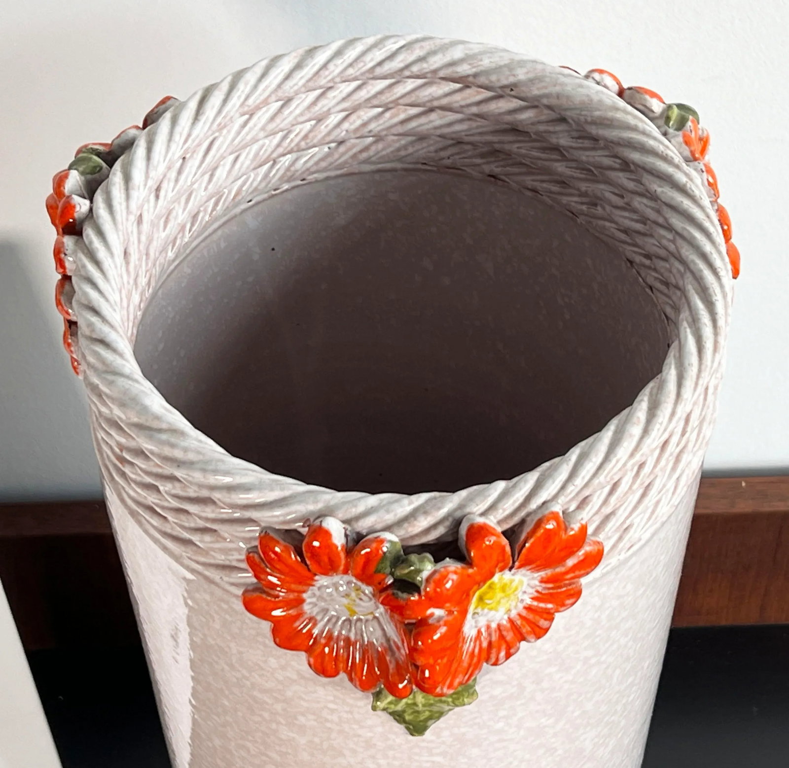 Vintage Italian Ceramic White Floor Vase / Umbrella Stand W/ Orange Aster Flowers - 4