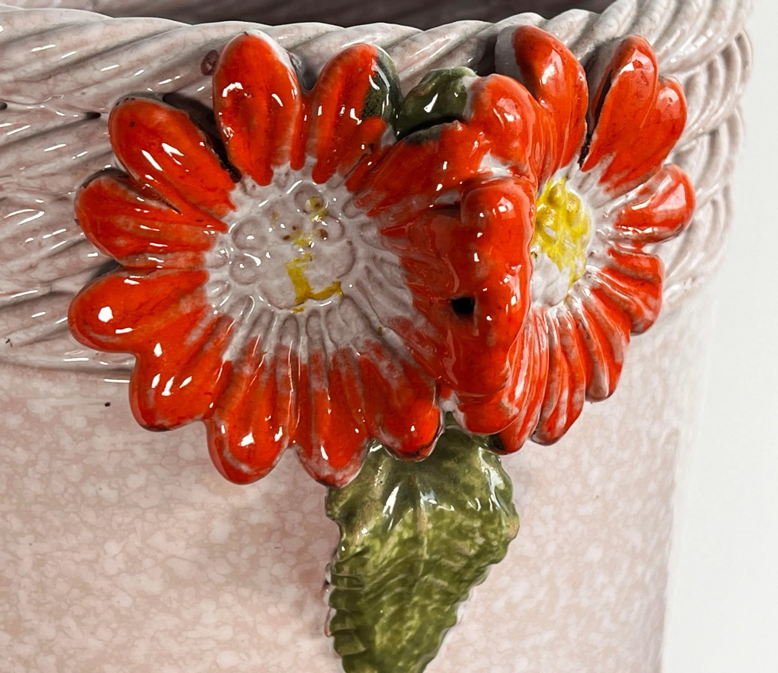 Vintage Italian Ceramic White Floor Vase / Umbrella Stand W/ Orange Aster Flowers - 5