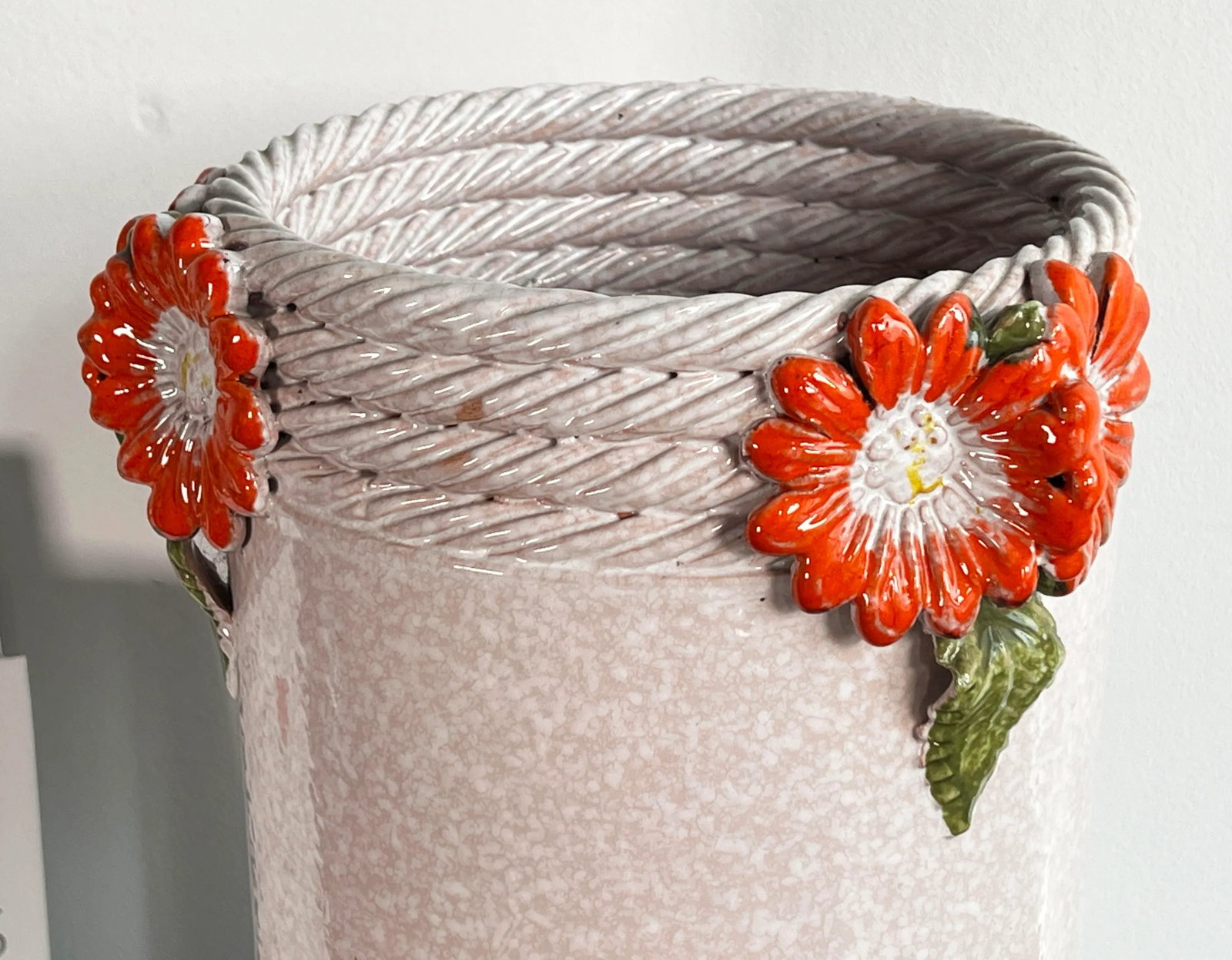 Vintage Italian Ceramic White Floor Vase / Umbrella Stand W/ Orange Aster Flowers - 6