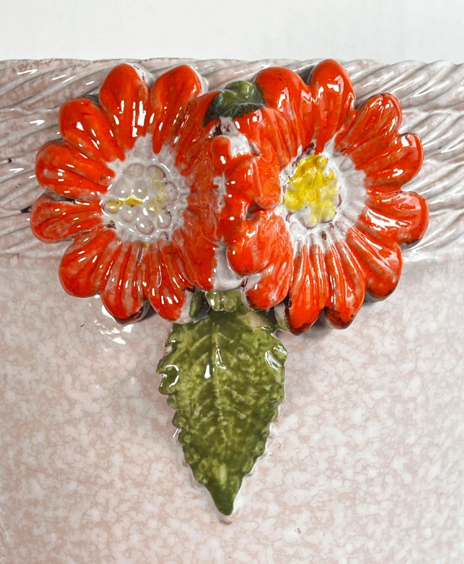 Vintage Italian Ceramic White Floor Vase / Umbrella Stand W/ Orange Aster Flowers - 7