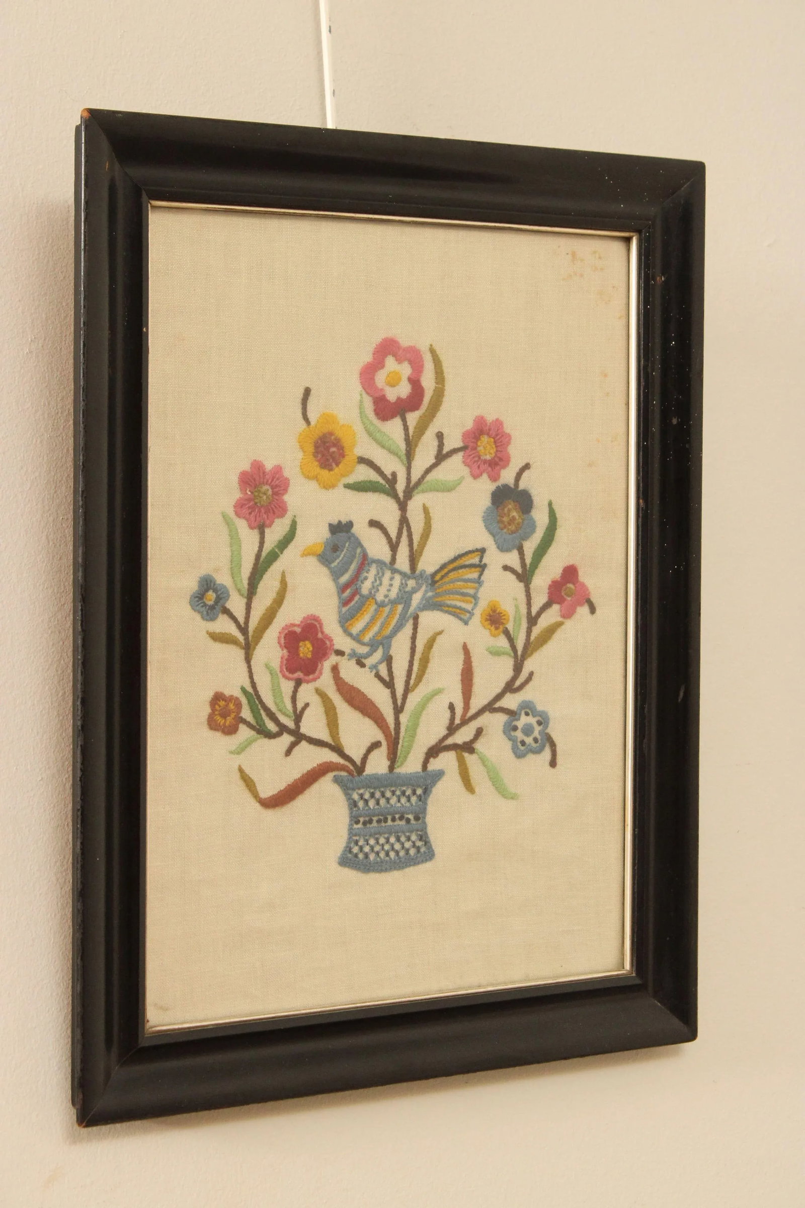 Vintage Crewel Embroidered Linen Textile, Custom Framed - 2