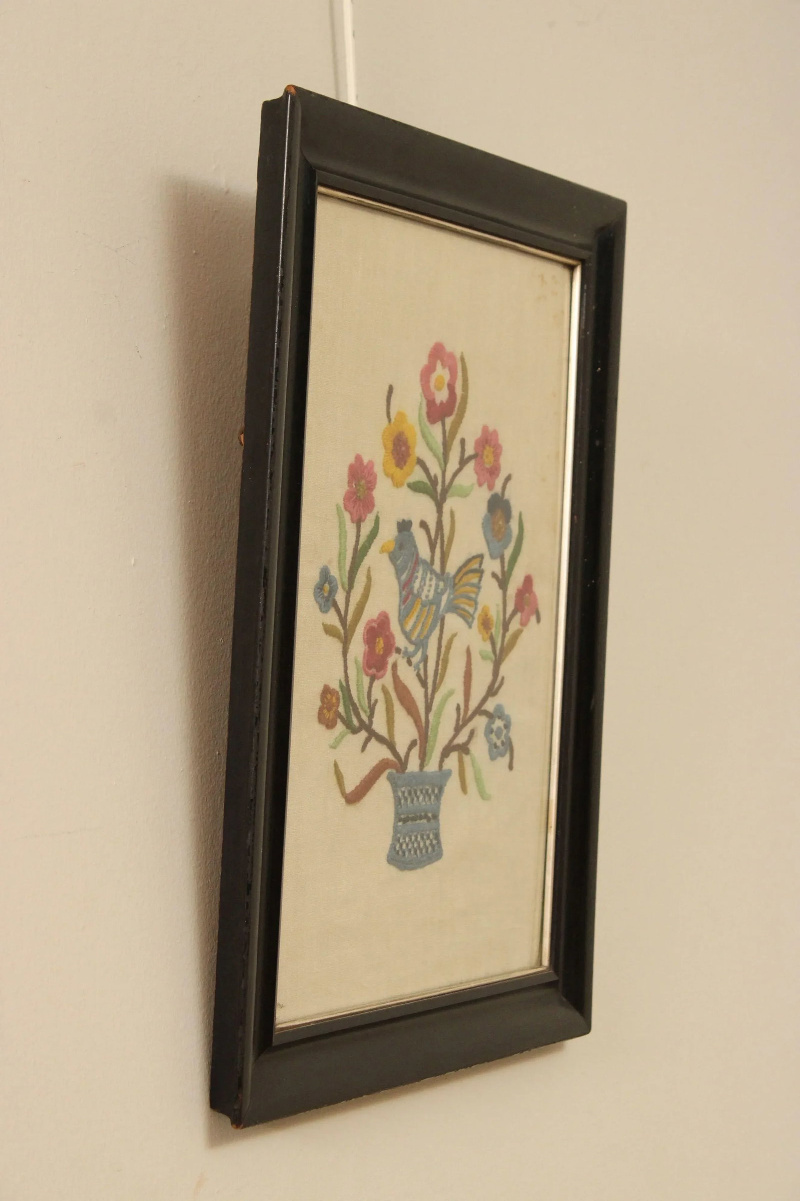 Vintage Crewel Embroidered Linen Textile, Custom Framed - 3
