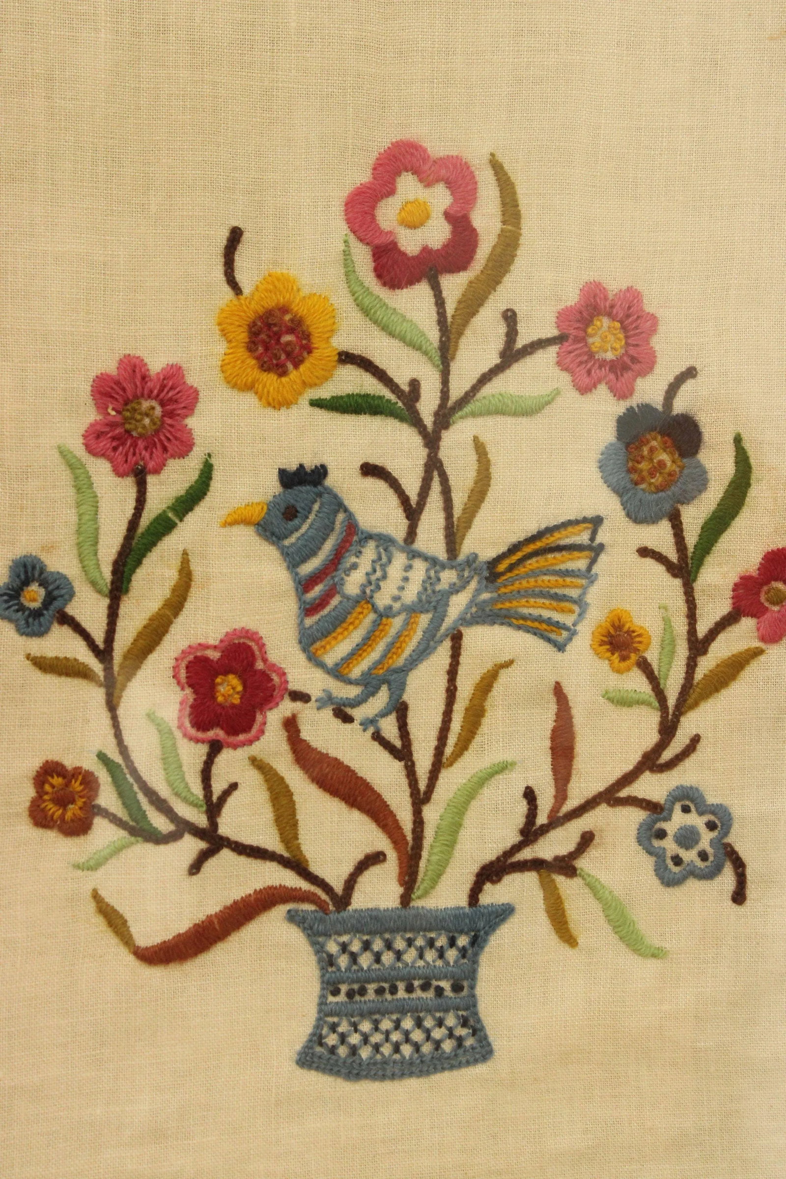 Vintage Crewel Embroidered Linen Textile, Custom Framed - 4