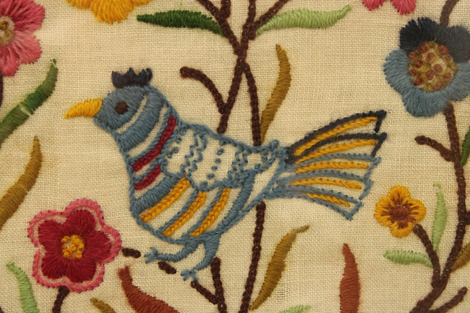 Vintage Crewel Embroidered Linen Textile, Custom Framed - 5
