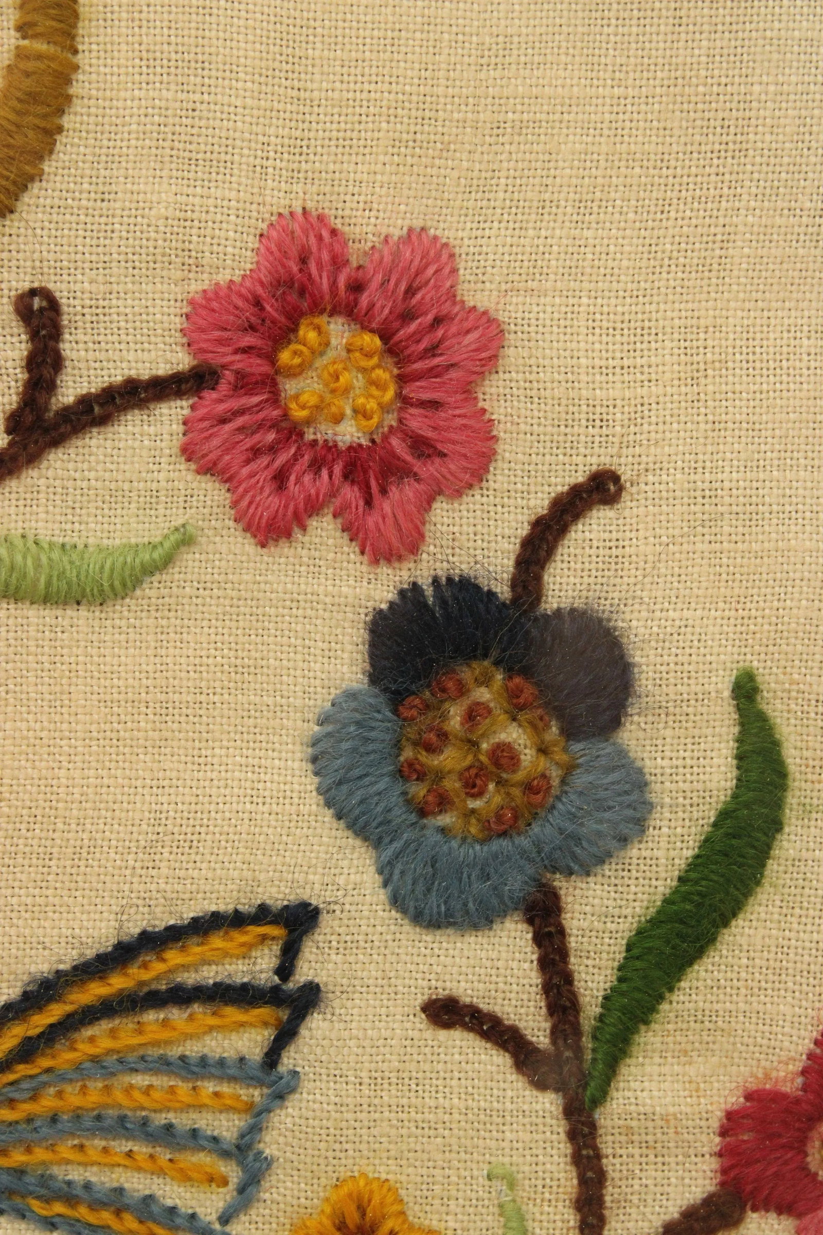 Vintage Crewel Embroidered Linen Textile, Custom Framed - 6