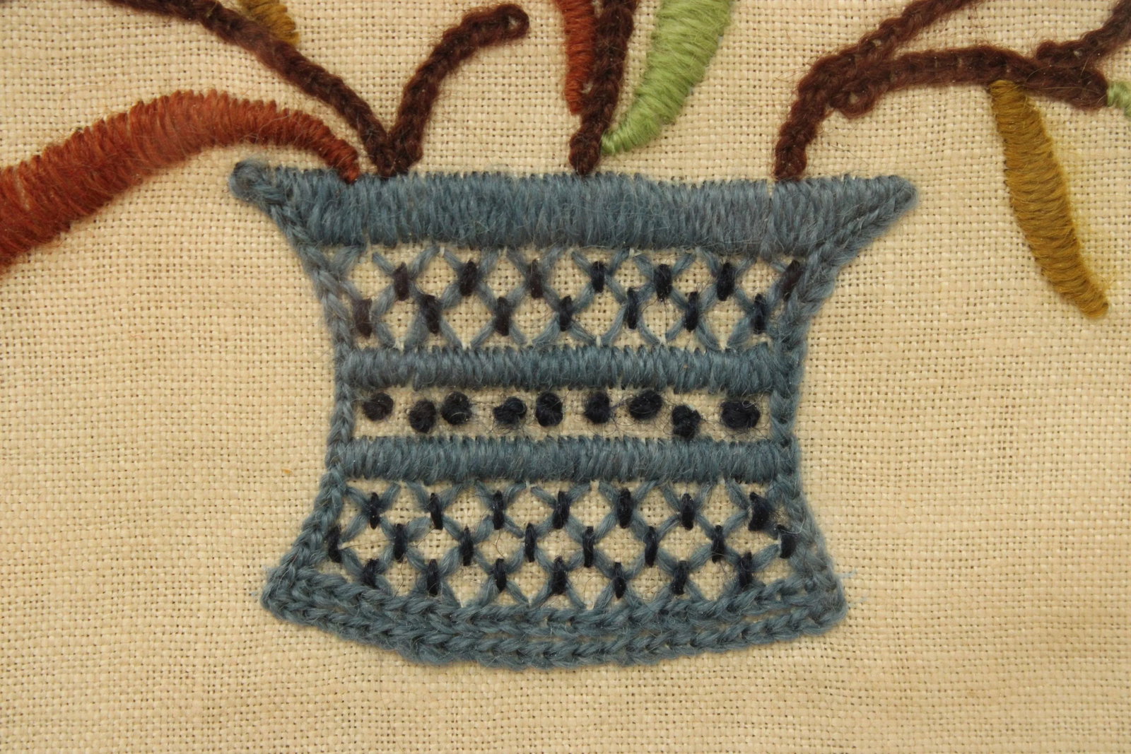 Vintage Crewel Embroidered Linen Textile, Custom Framed - 7