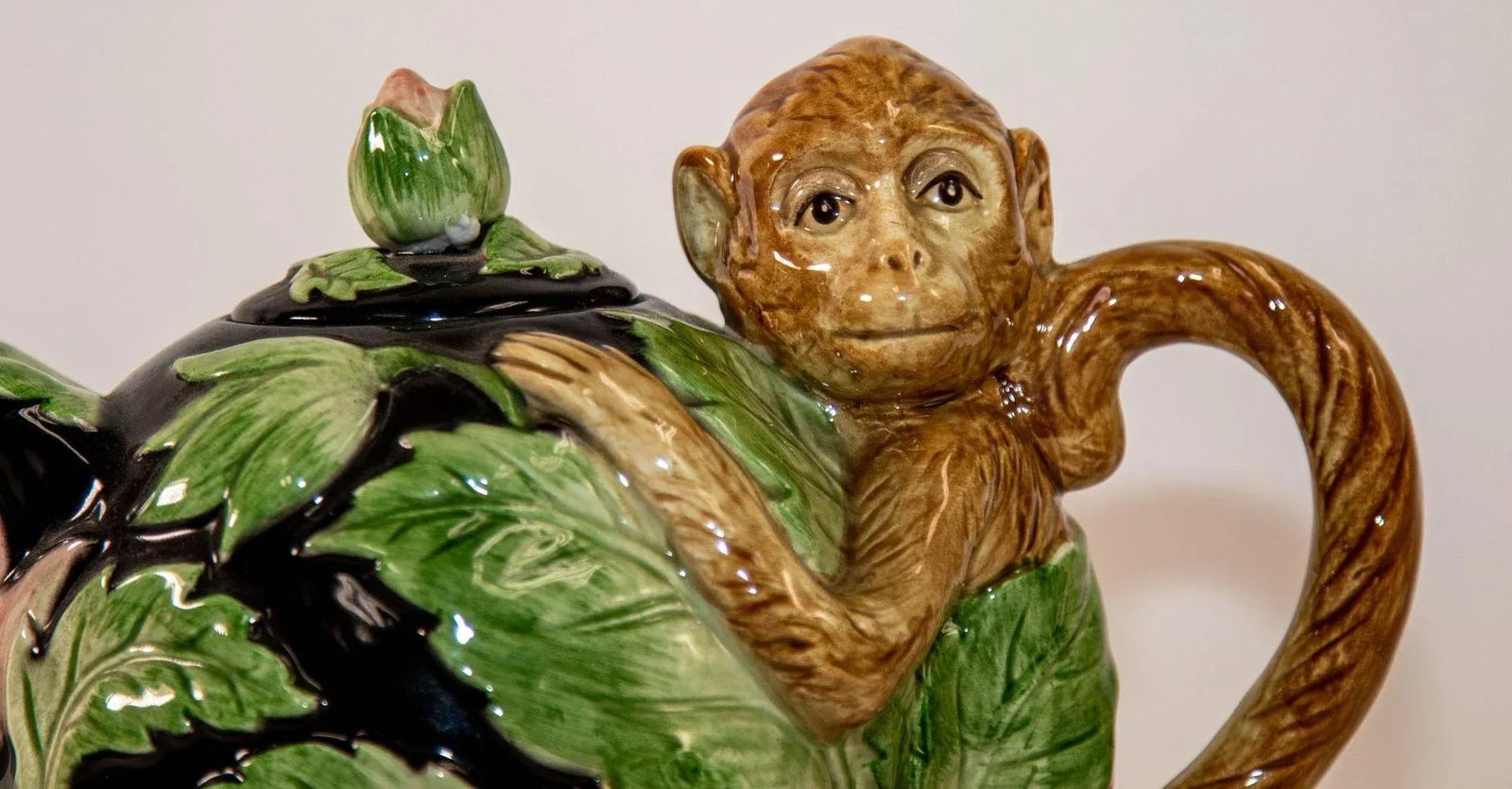 1980s Vintage Fitz and Floyd Rain Forest Majolica Monkey Ceramic Teapot - 2