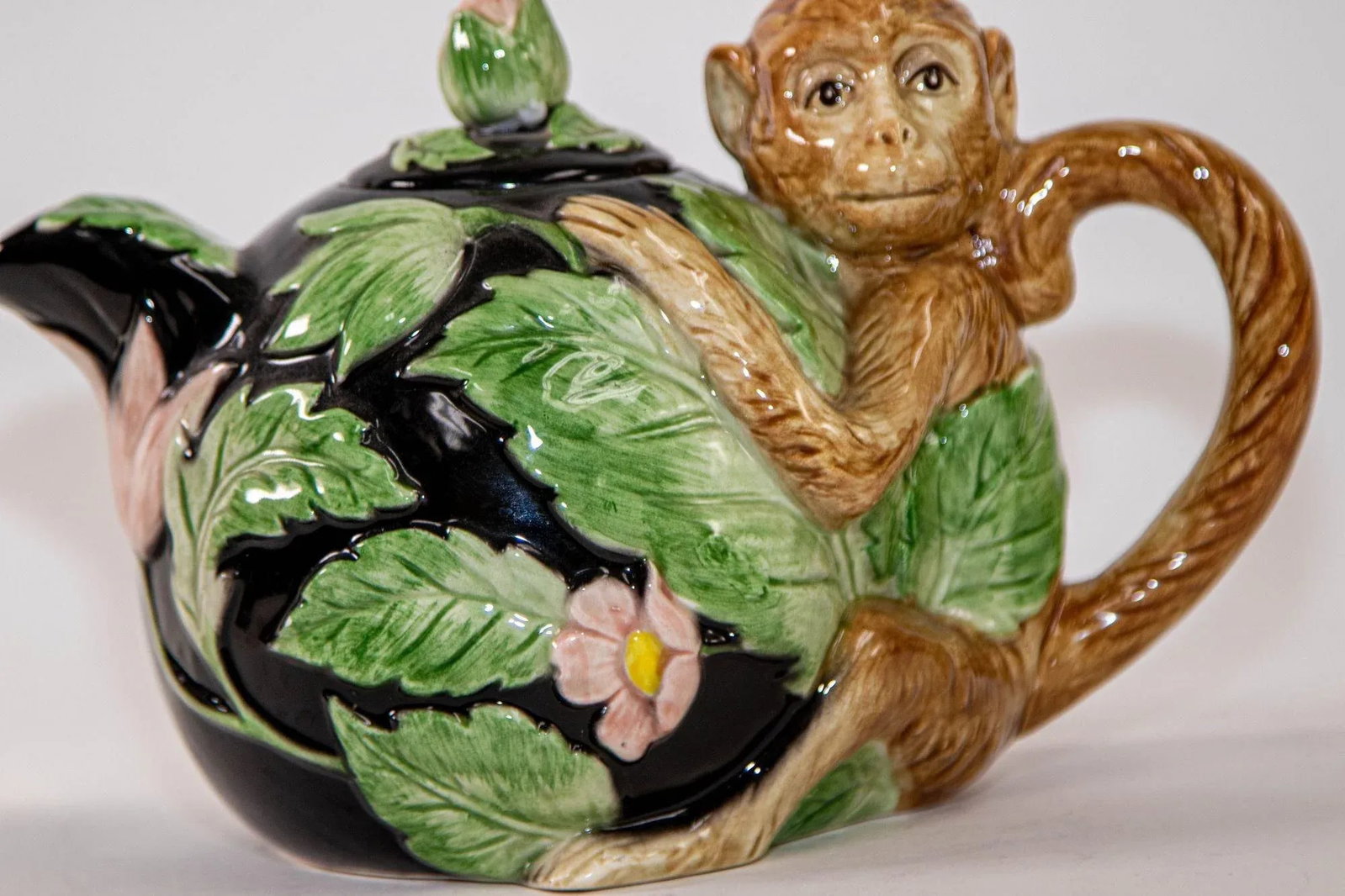 1980s Vintage Fitz and Floyd Rain Forest Majolica Monkey Ceramic Teapot - 3