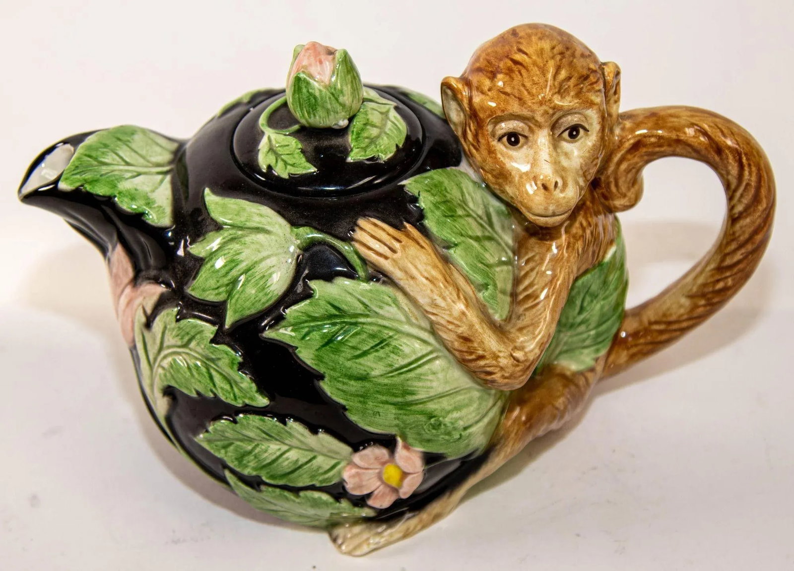 1980s Vintage Fitz and Floyd Rain Forest Majolica Monkey Ceramic Teapot - 4
