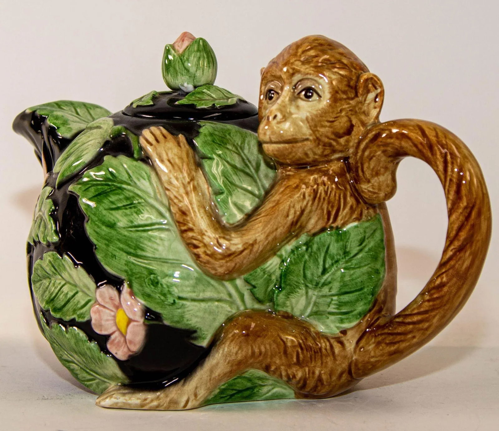1980s Vintage Fitz and Floyd Rain Forest Majolica Monkey Ceramic Teapot - 5