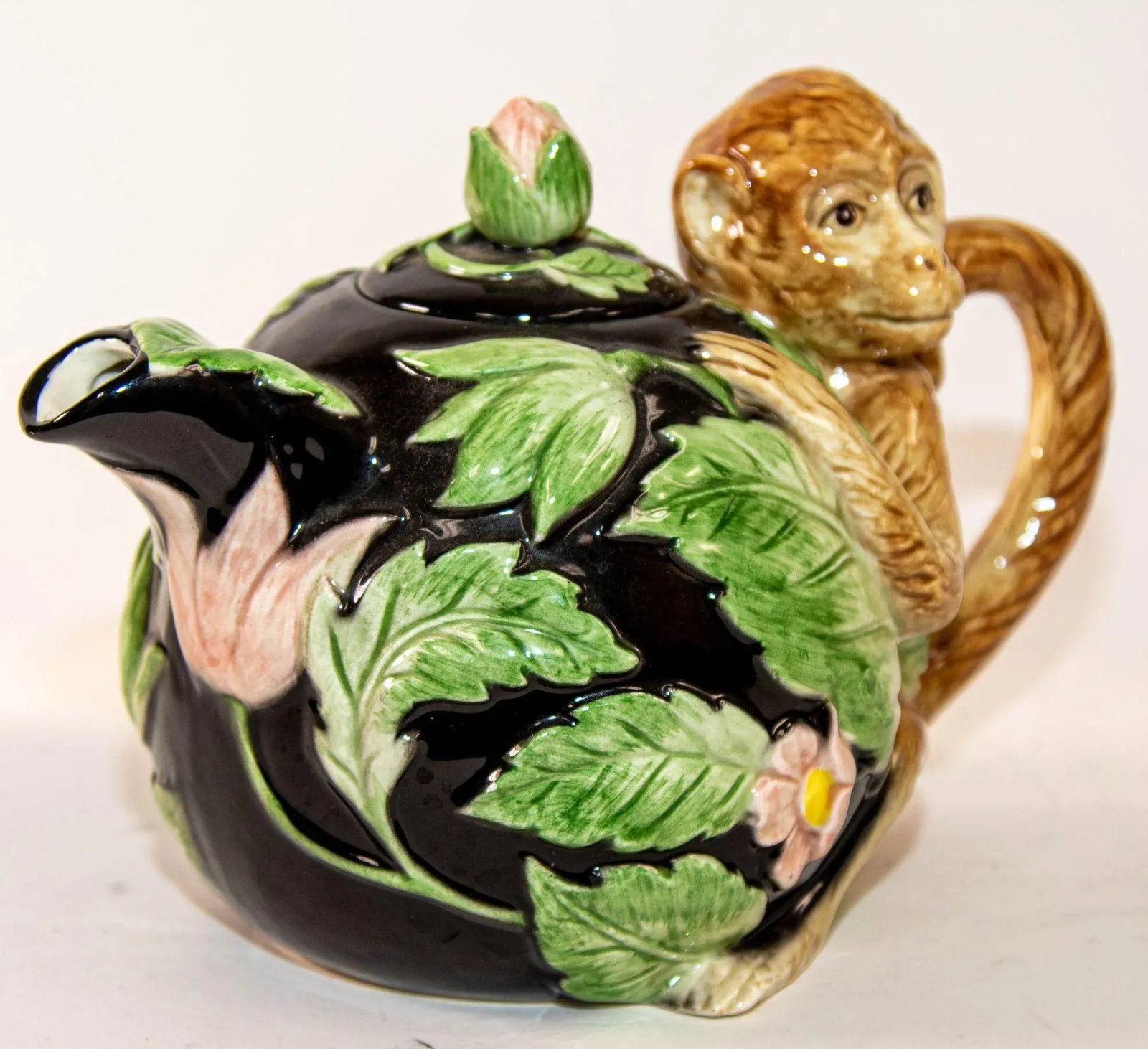 1980s Vintage Fitz and Floyd Rain Forest Majolica Monkey Ceramic Teapot - 9